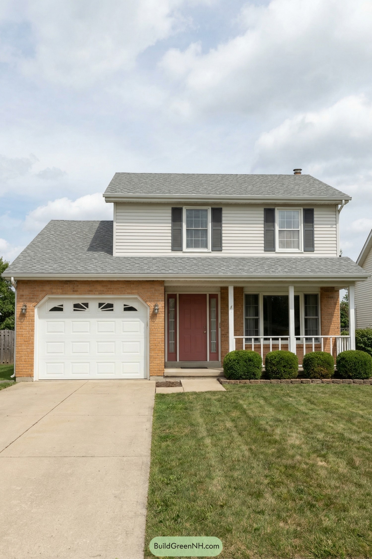 Two story 70s style house with brick, siding, front porch, and attached garage