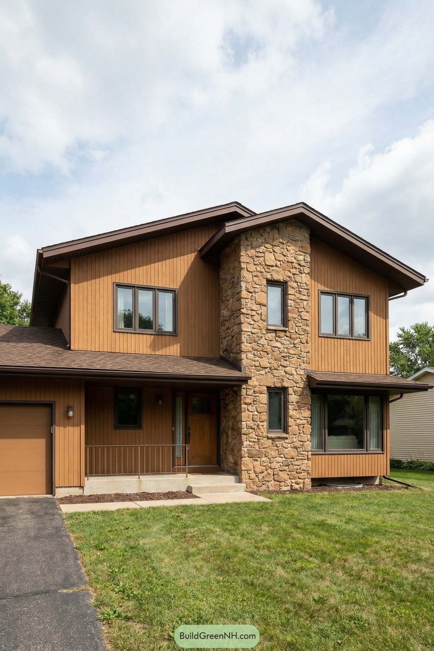 Two story 1970s style house with vertical wood siding and a stone tower facade. Attached single garage and front porch facing a small lawn
