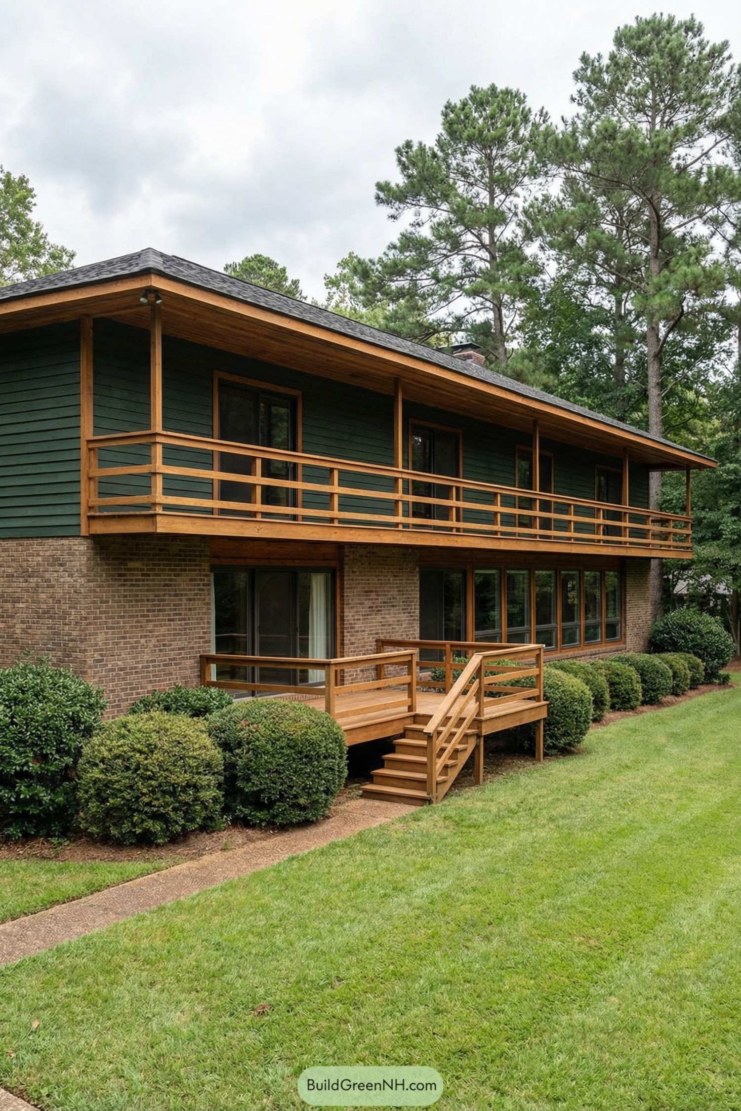 Two story 1970s style house with green siding, brick base, and full length wood balcony and deck overlooking a manicured lawn