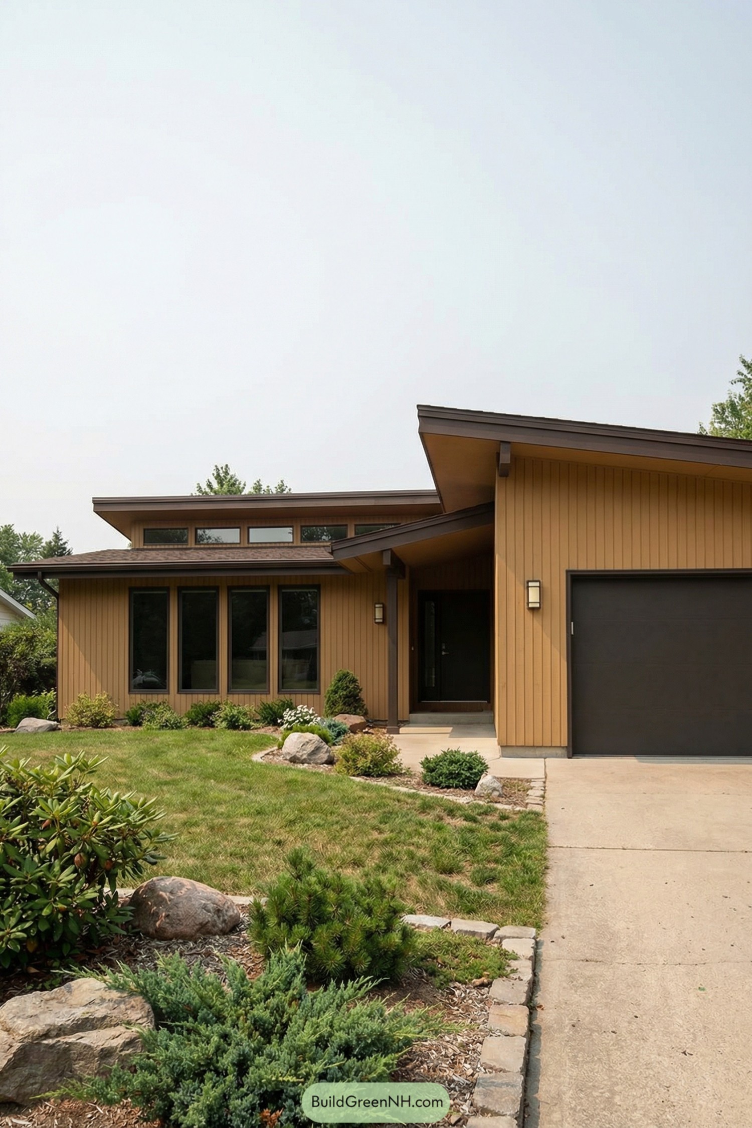 Warm cedar sided 70s style house with asymmetrical low sloped roofs and a neat landscaped front yard