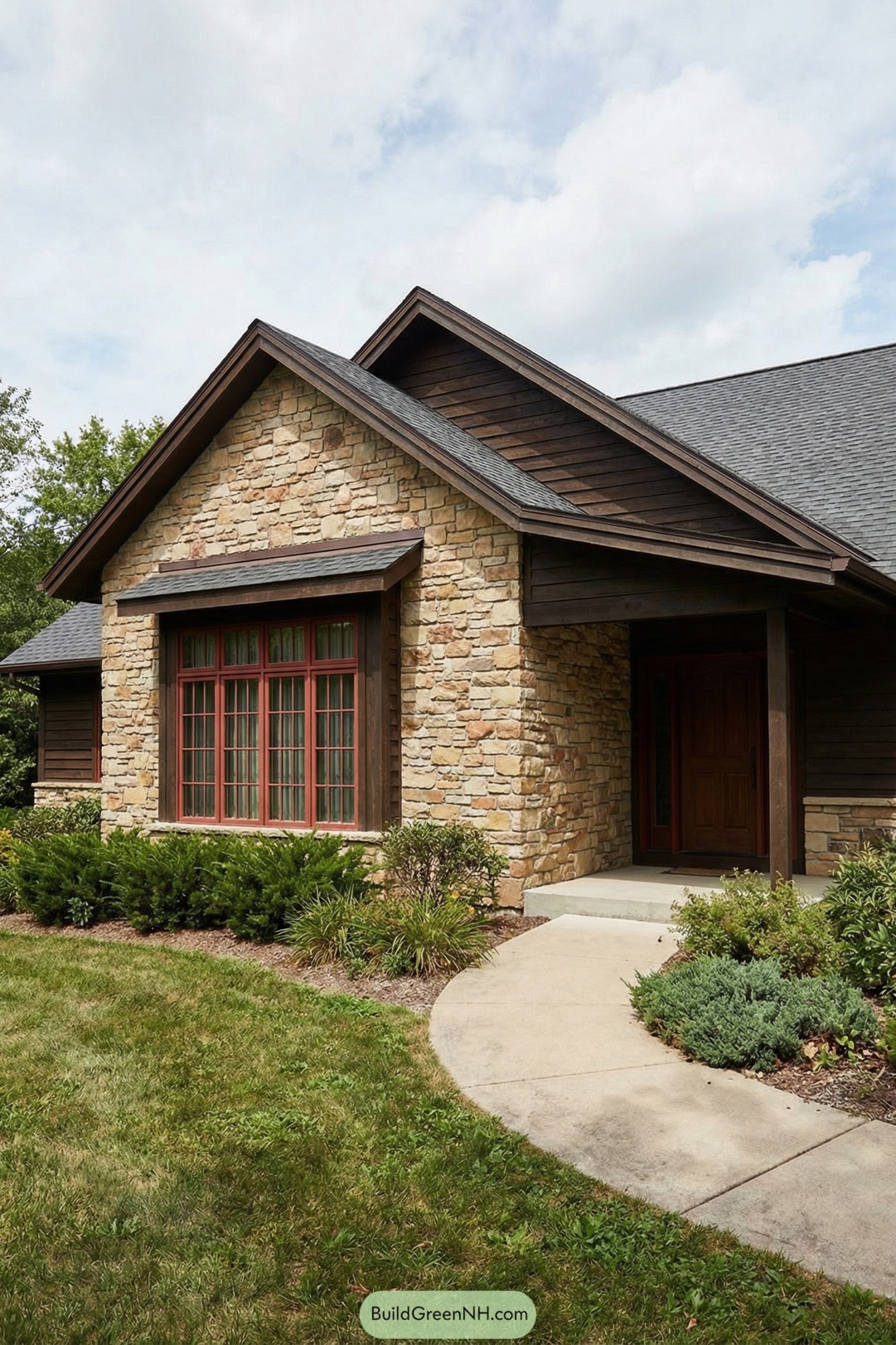 Stone and wood suburban house exterior