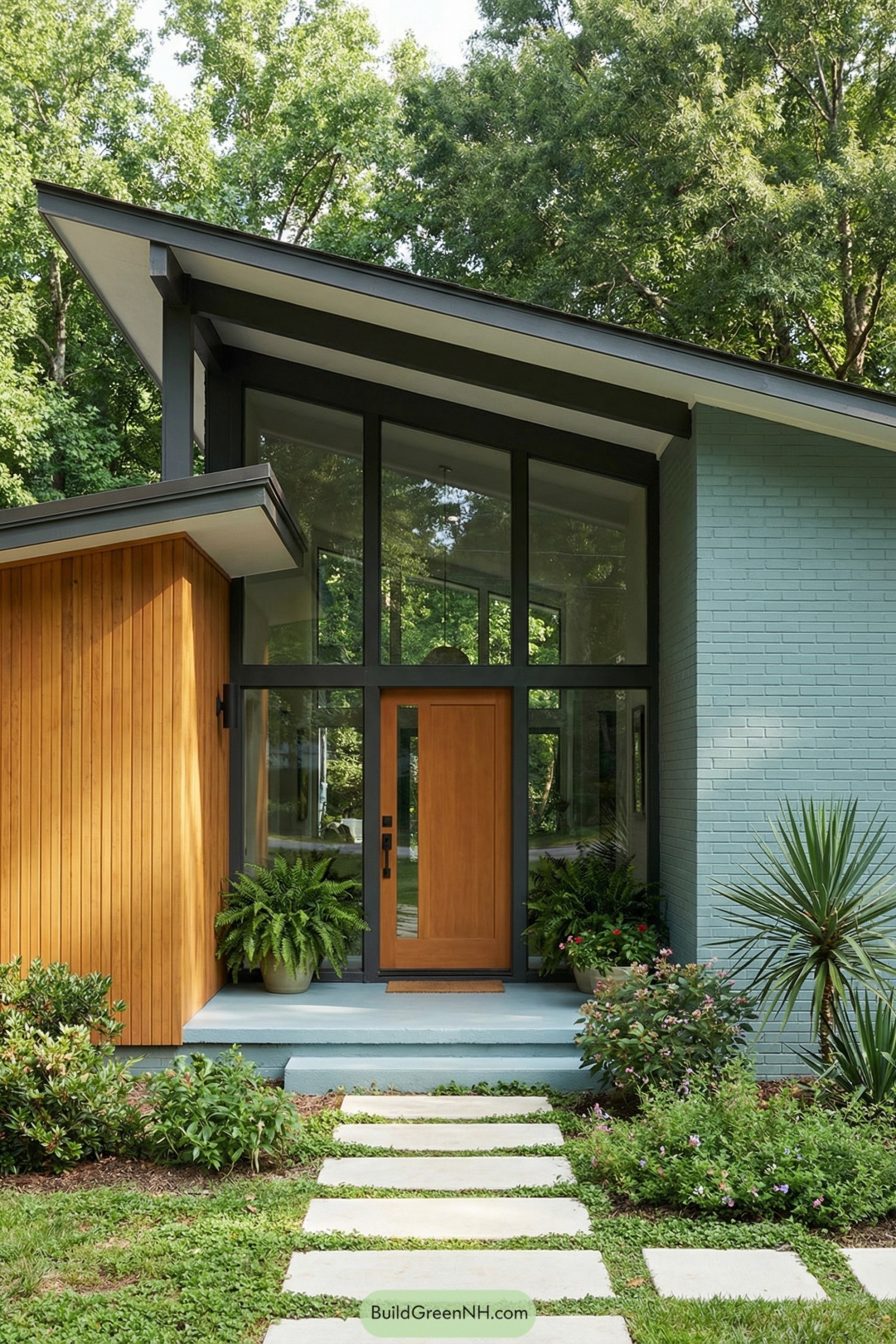 Modern midcentury house with tall glass entry, wood door, and blue brick facade set in lush greenery