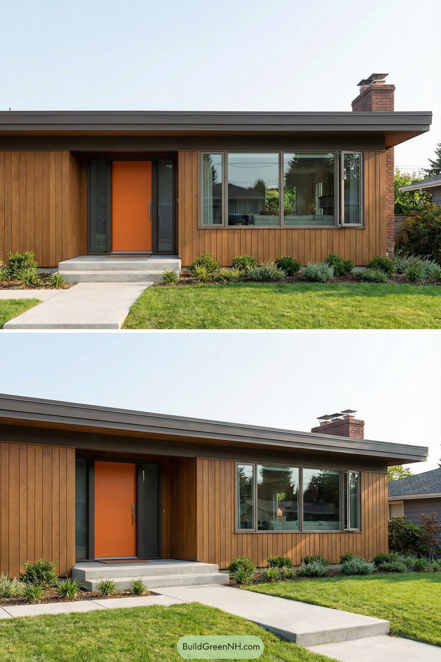 Midcentury ranch with orange front door and wood siding