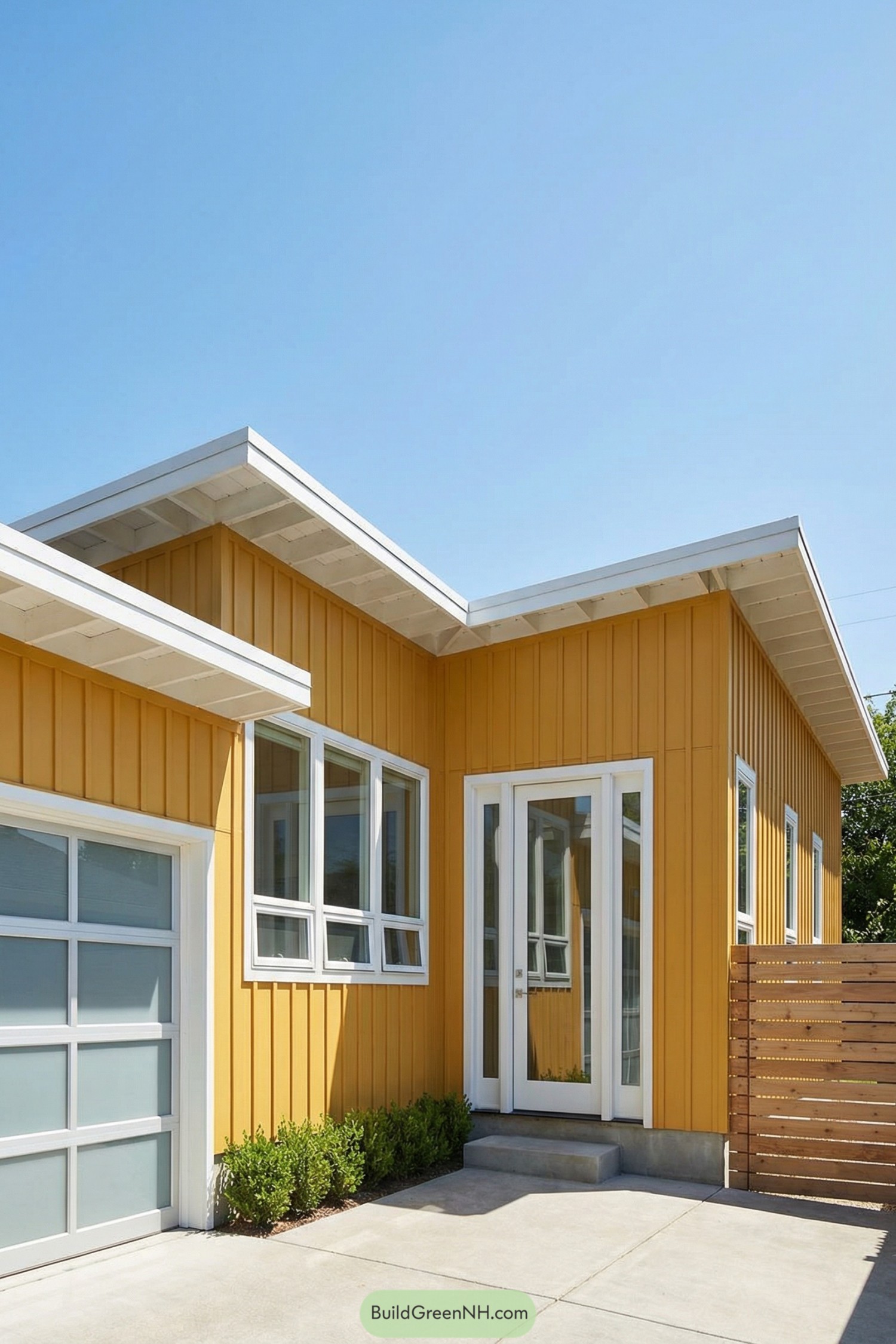 Yellow modern house with angled roofs and large windows