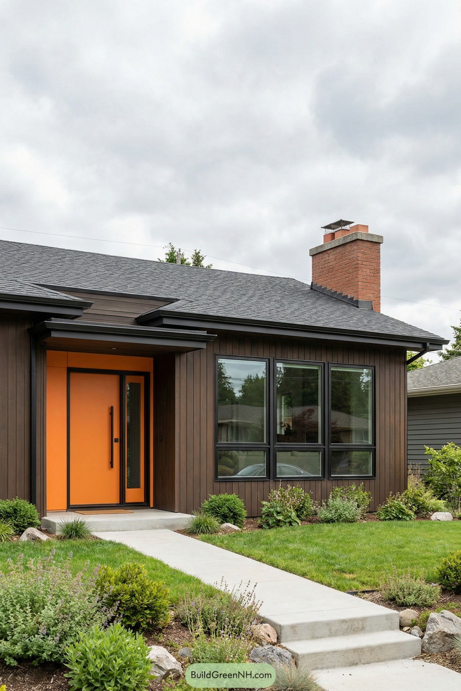 Midcentury ranch with dark wood siding and bright orange front door
