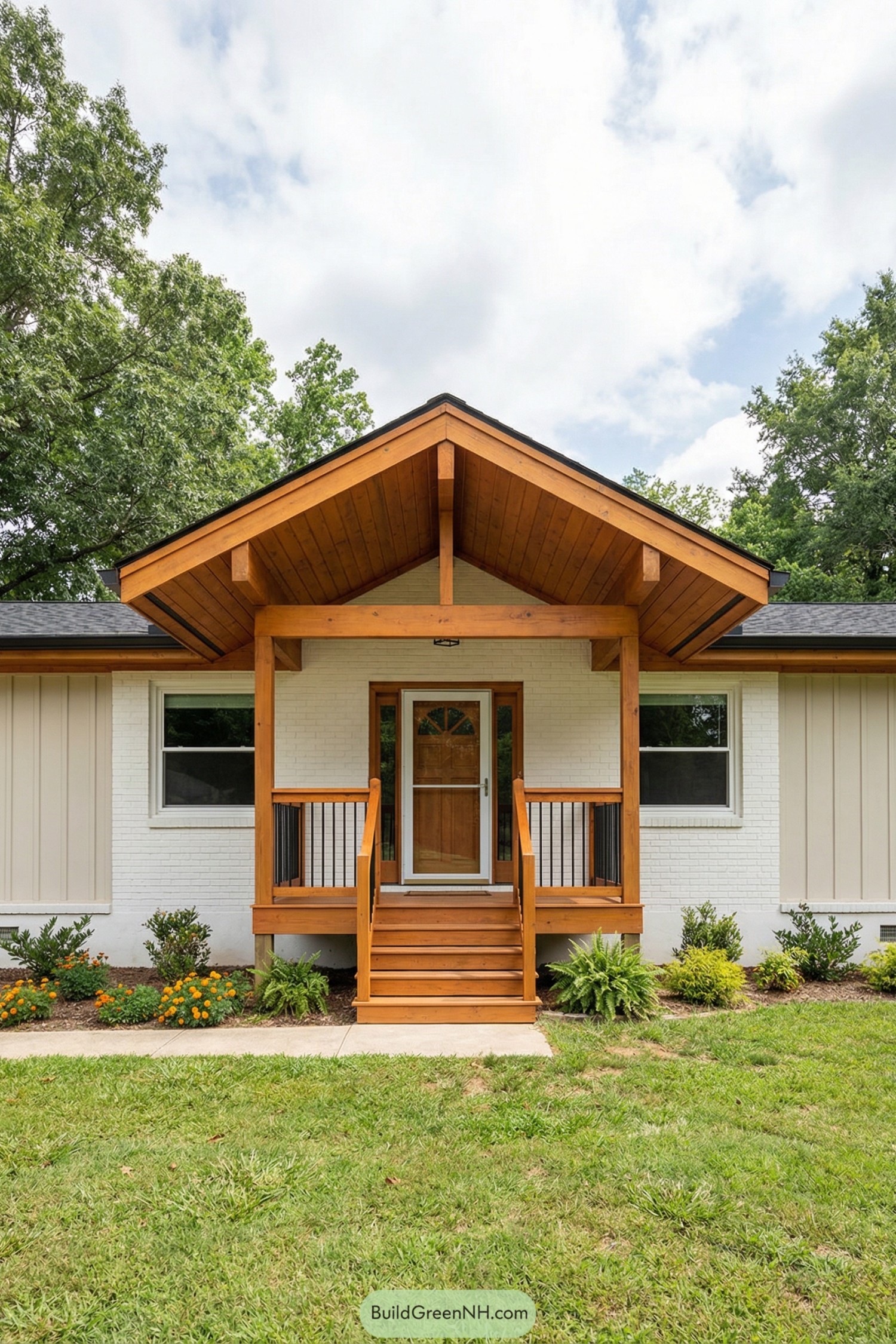 Small white ranch home with warm cedar gabled entry porch and simple front steps