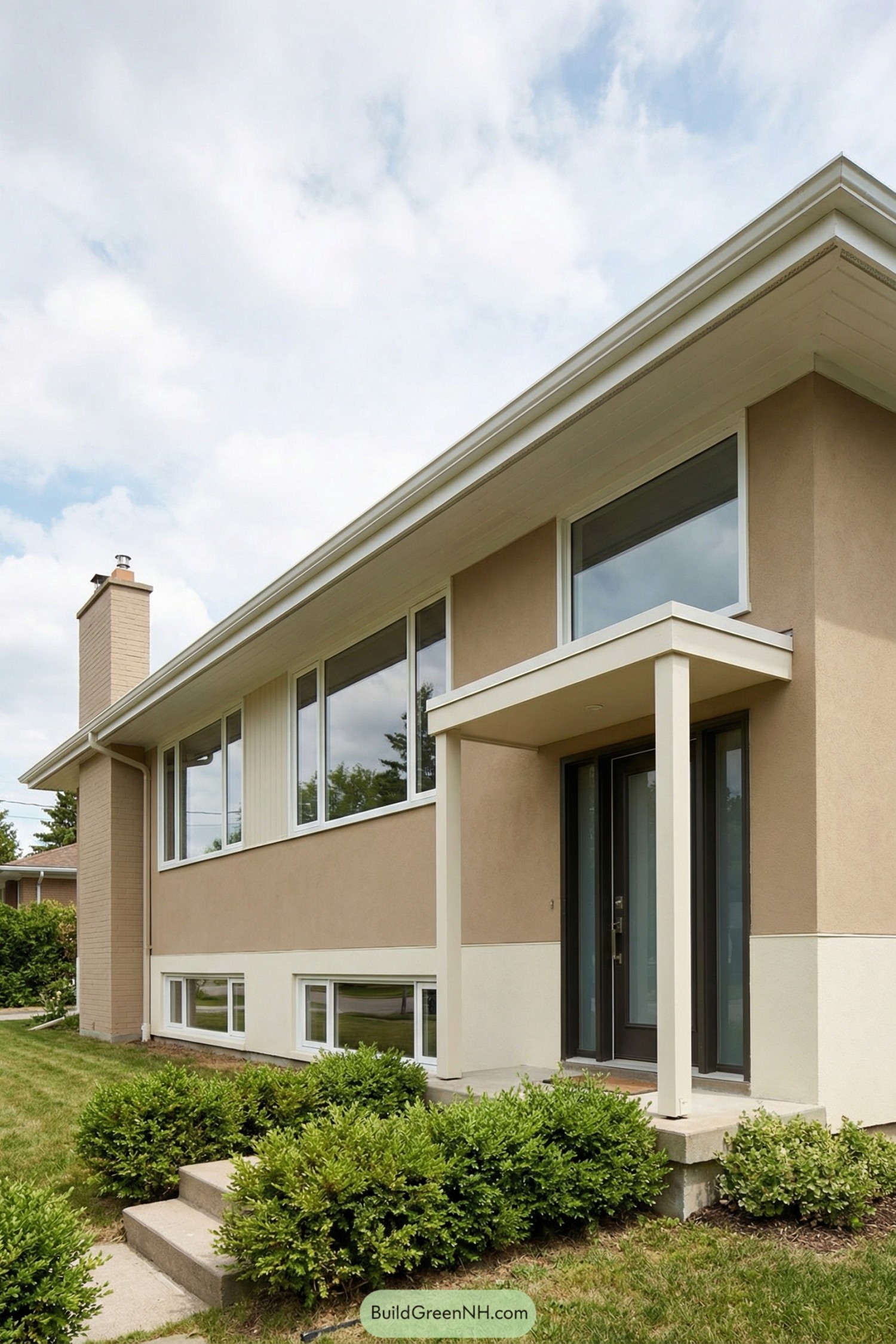 Beige split level house with long windows and simple covered entry