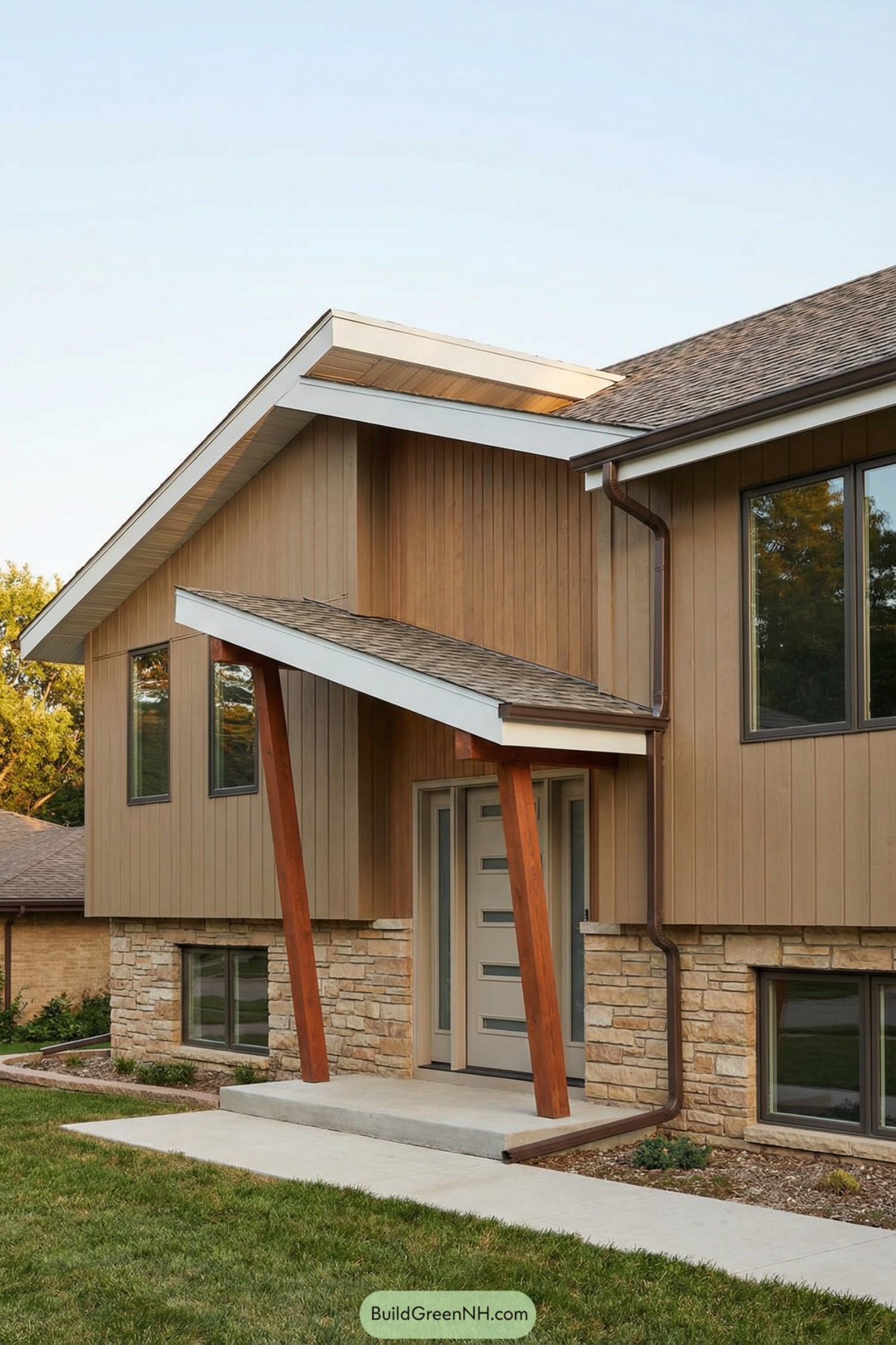 Modern split level house with angled wood porch and stone base