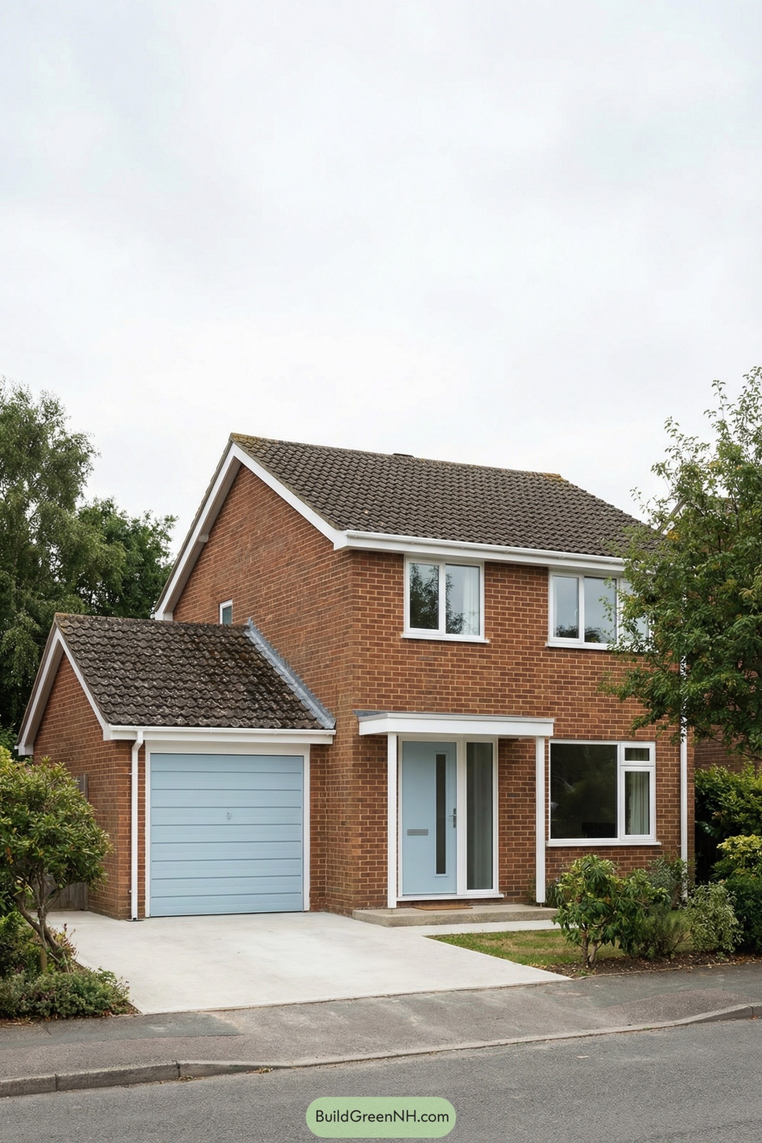 Two story 1970s brick house with pale blue front door and matching garage door facing the street. Simple gable roof, white trim, and small front garden