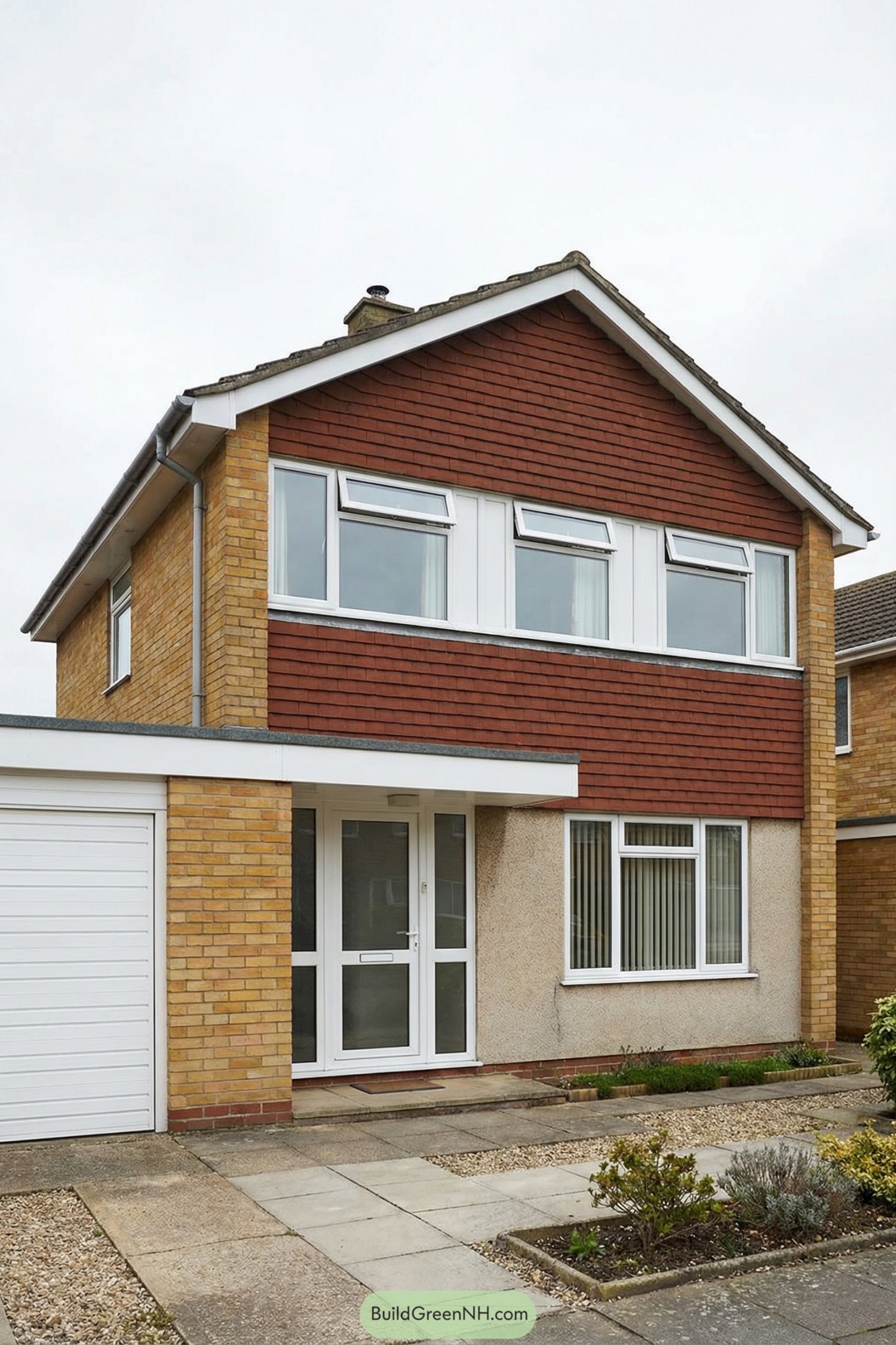 Two story 1970s house with brick, red shingle cladding, white framed windows, attached garage, and minimal front garden