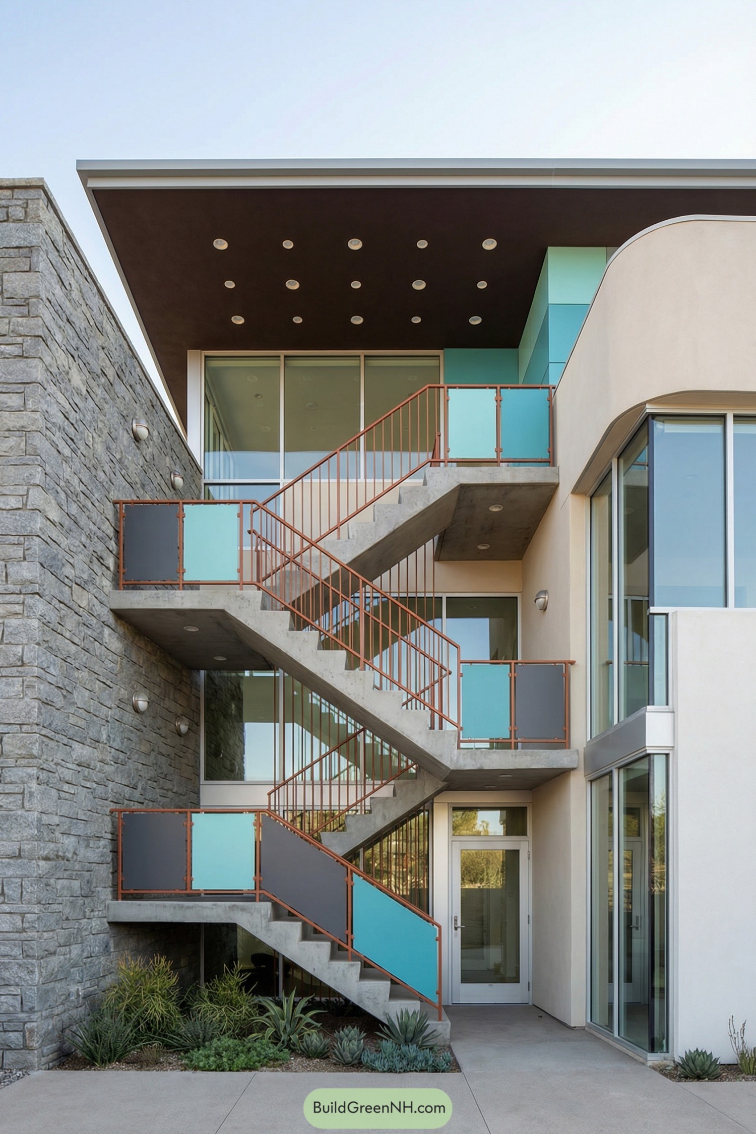 Modern exterior stair tower with turquoise and gray panel railings beside stone and glass walls