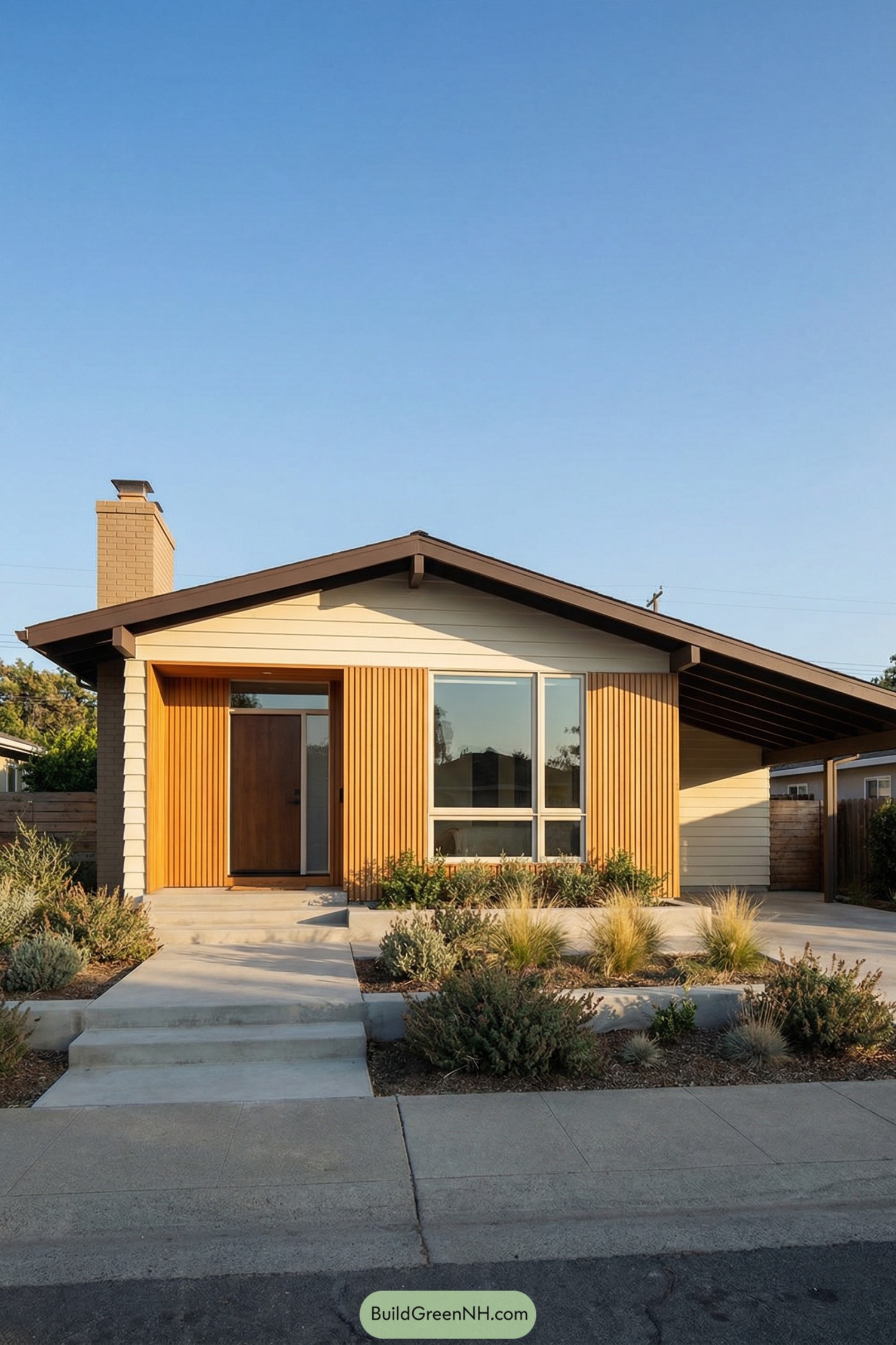 Midcentury style house with warm wood slats, large front window, and low xeriscape yard