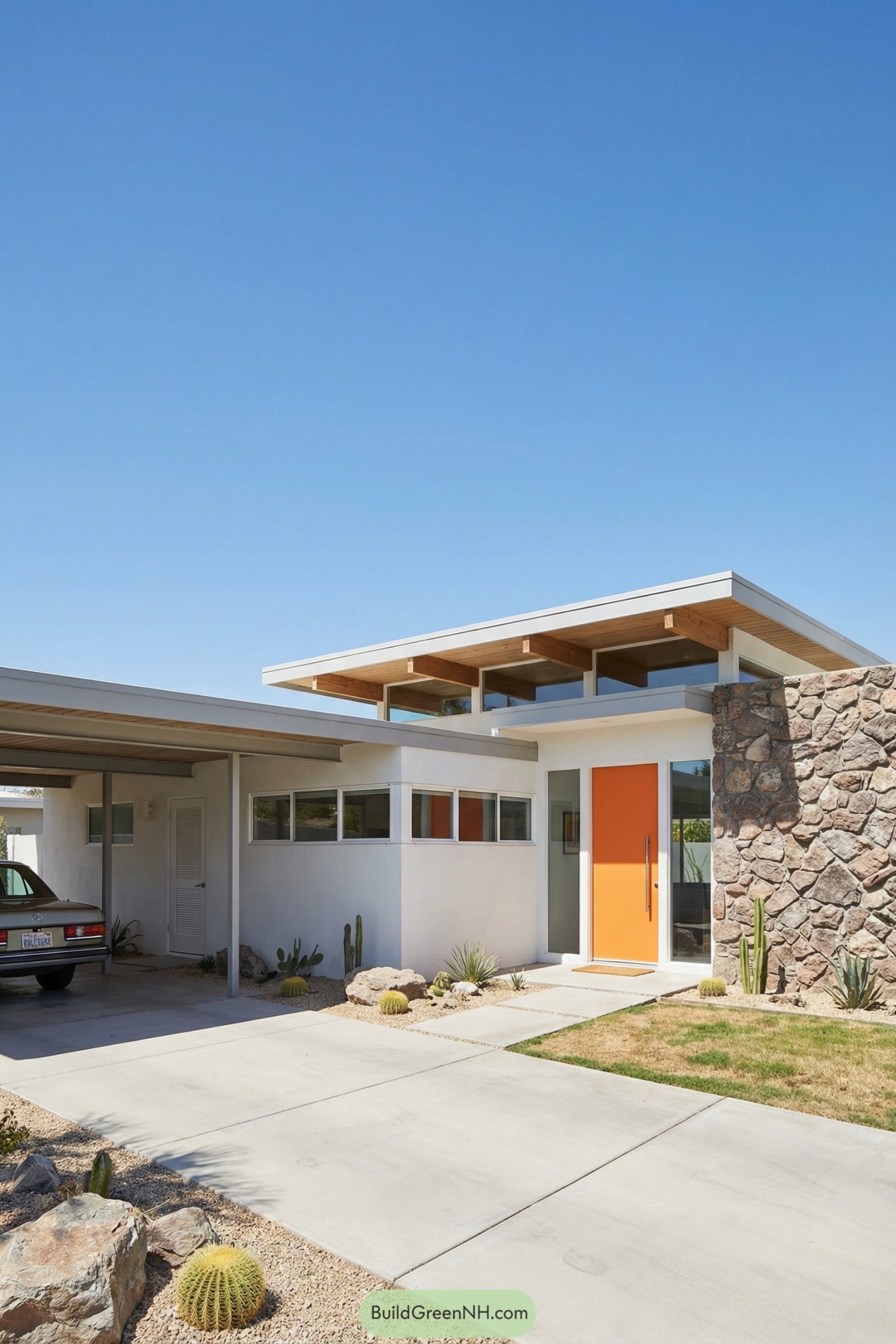 architecture design of Atomic Era house exterior, constructure design, low single-story mid-century modern facade with strong horizontal lines, asymmetrical front composition with carport on the left and recessed entry court on the right, smooth white planar walls contrasted with a large rough fieldstone wall panel, minimal ornamentation and clean rectilinear geometry, colors, dominant bright white exterior surfaces with warm brown natural stone, vivid orange front door accent, light gray concrete driveway and paths, small patches of green lawn and sparse desert landscaping with rocks and cacti, materials, painted stucco or plaster walls, natural fieldstone masonry, concrete slab driveway and walkways, metal framing for windows and carport structure, flat roof style, thin cantilevered roof slab with deep overhangs, slight split-level or raised roof section above entry with exposed beams and open clerestory gap, windows style, horizontal strip windows and narrow vertical openings, large fixed pane beside entry, aluminum or steel frames in white or light gray, simple clear glazing without mullion ornament, door style, flush modern entry door with no panels in bright orange, minimal metal handle, adjacent narrow sidelight, secondary plain white service door under carport with louvered surface, single photo, high-resolution, architectural photography.