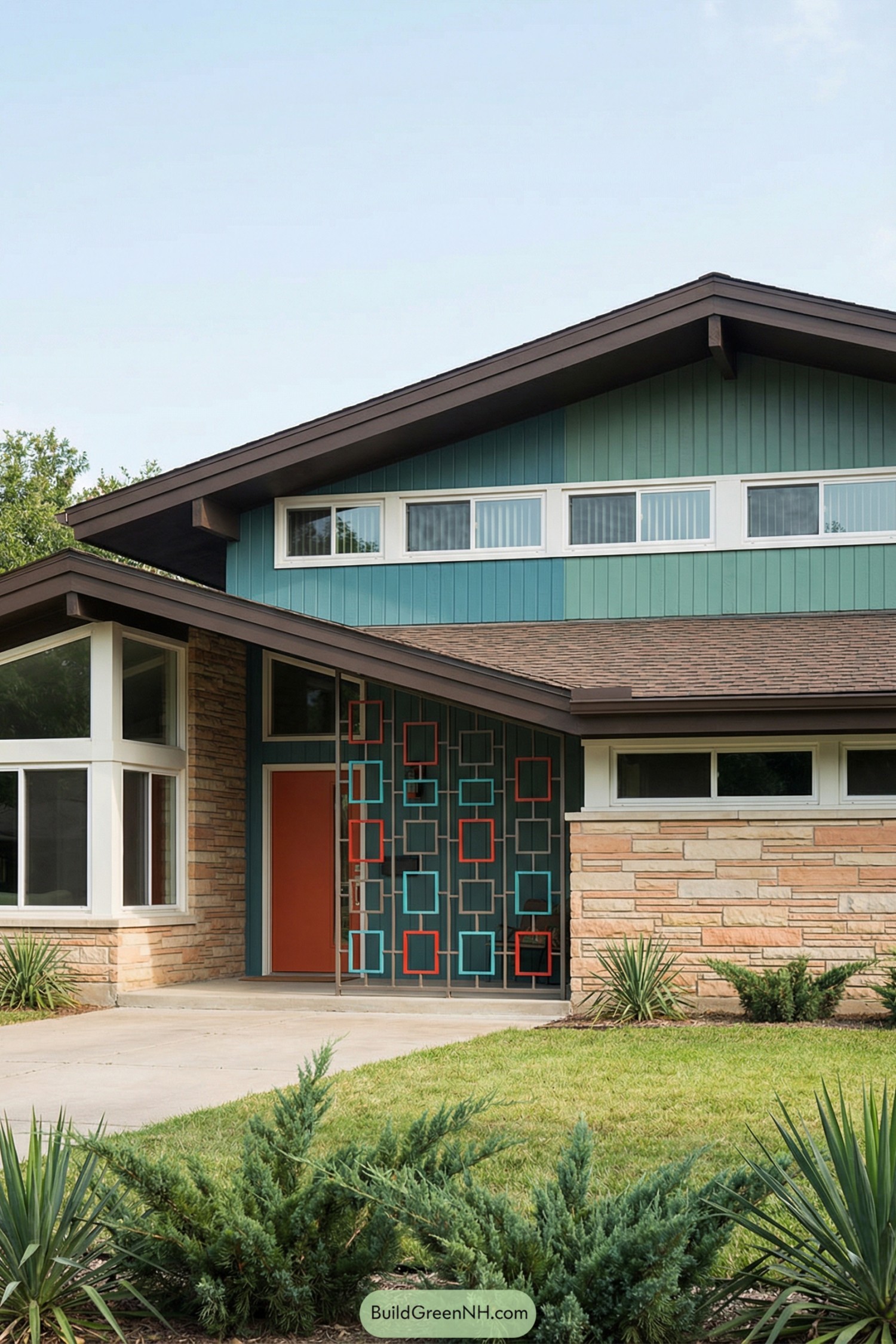 Midcentury-style teal house with geometric metal screen and orange front door