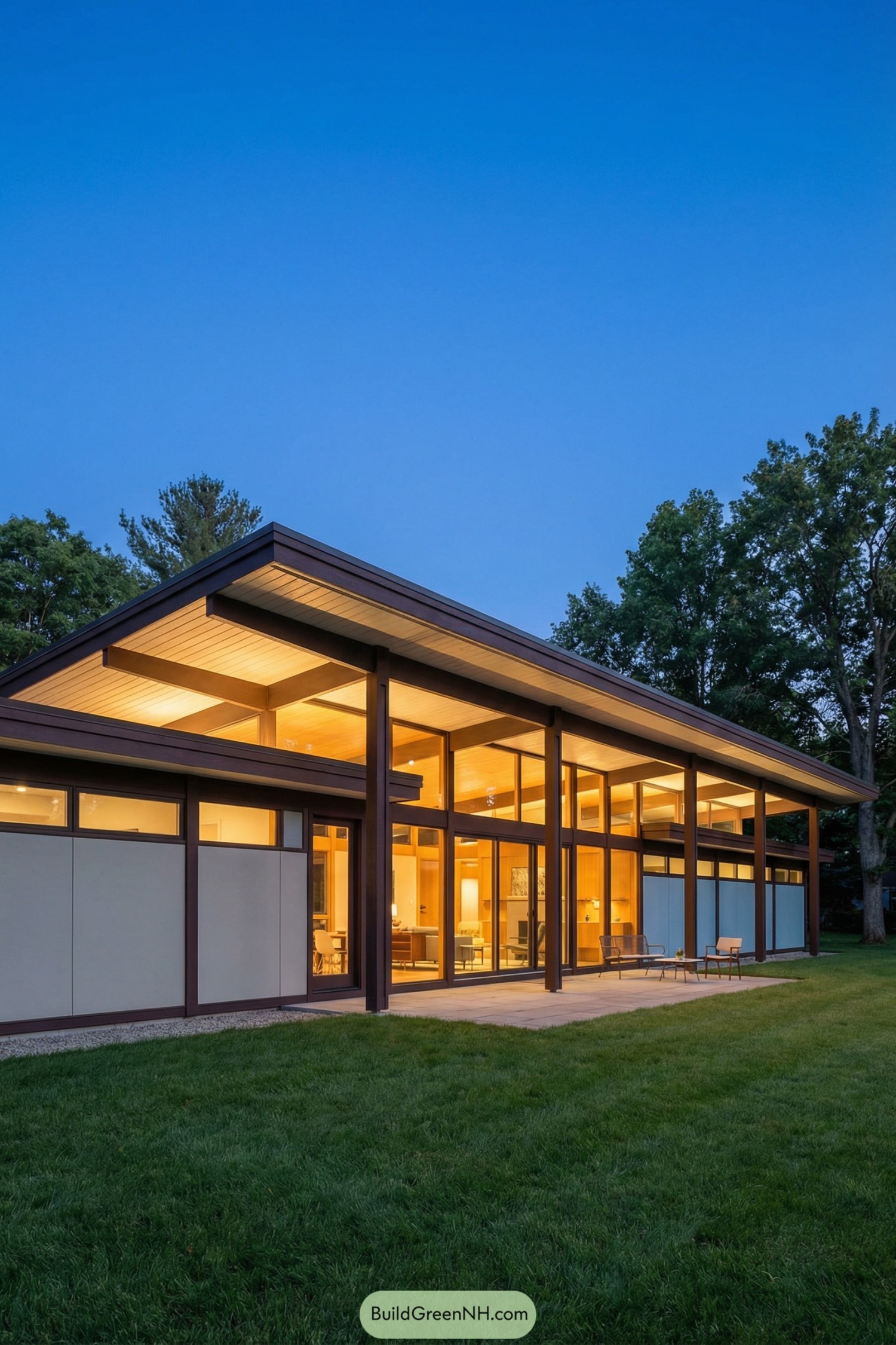 Midcentury inspired glass house with warm wood beams and glowing interior at dusk