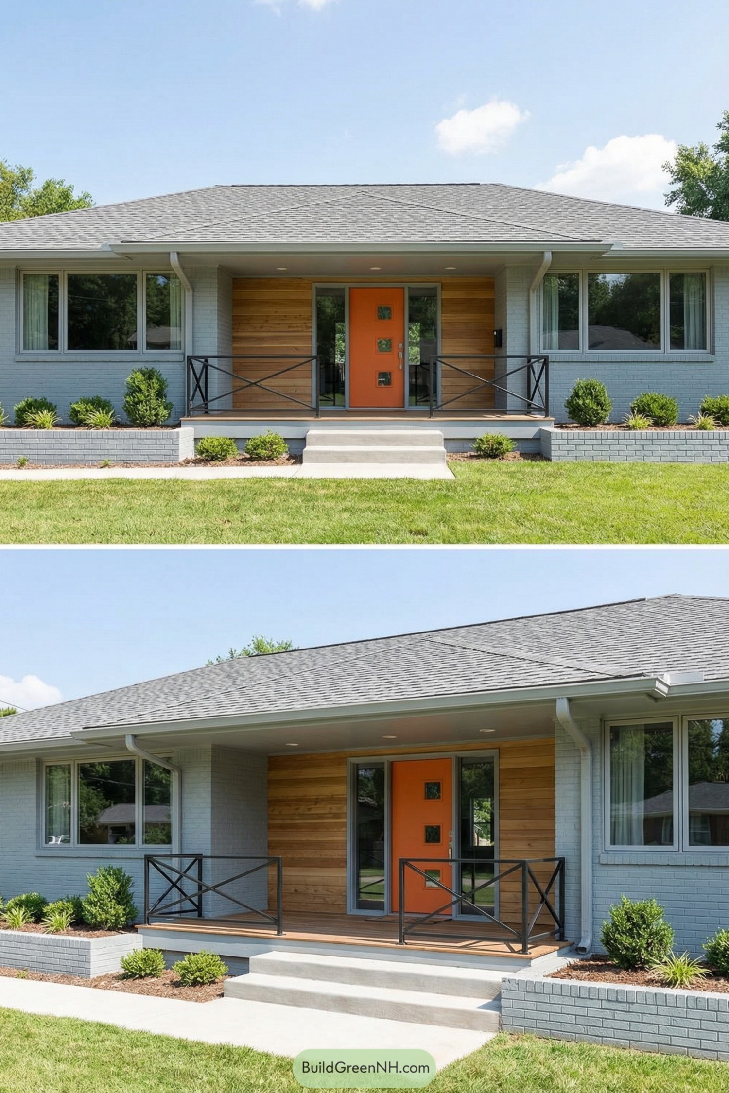 Midcentury ranch home with gray brick, wood siding, and bright orange front door
