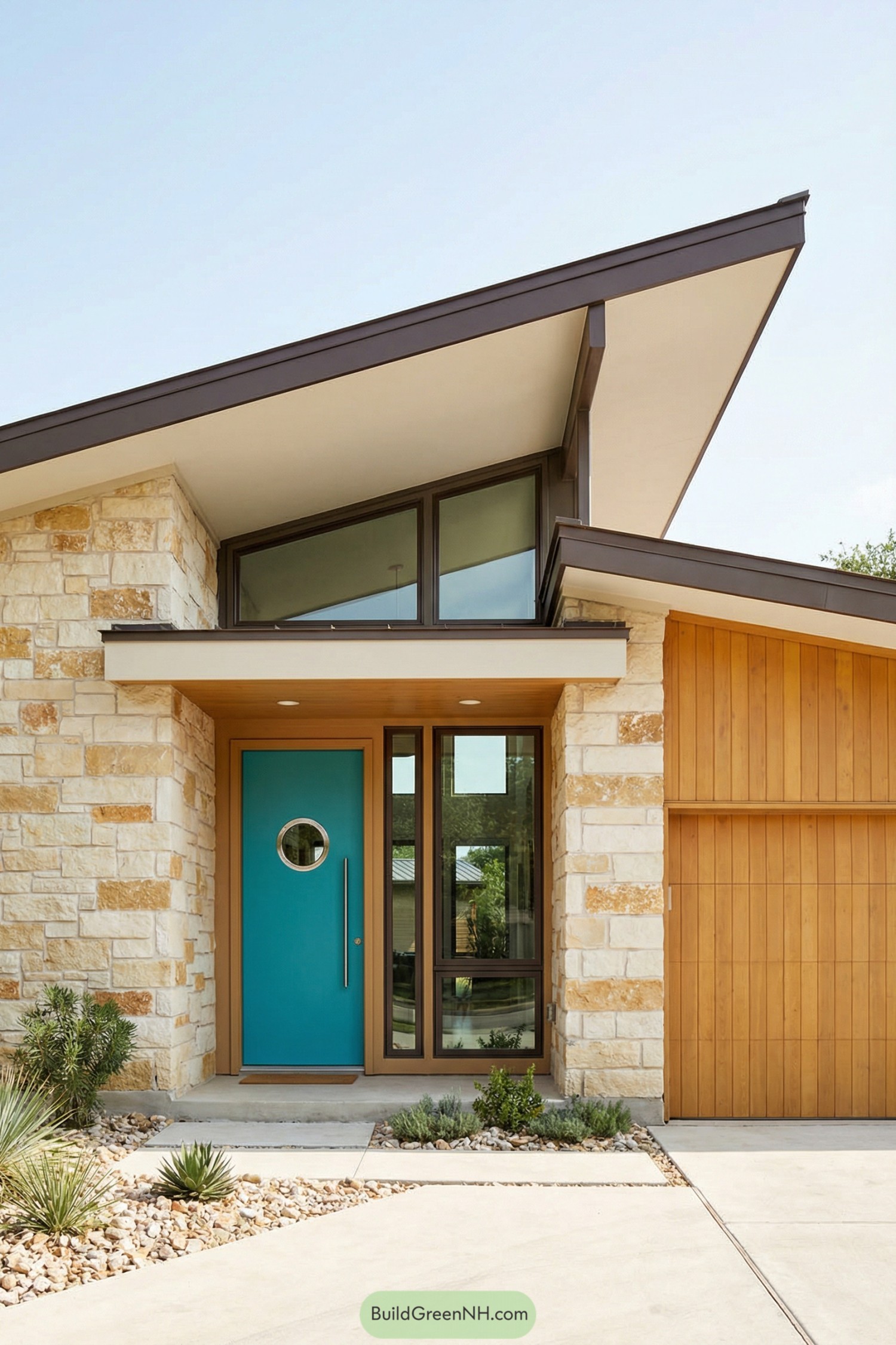 Midcentury style entry with teal door, stone walls, and angled roof