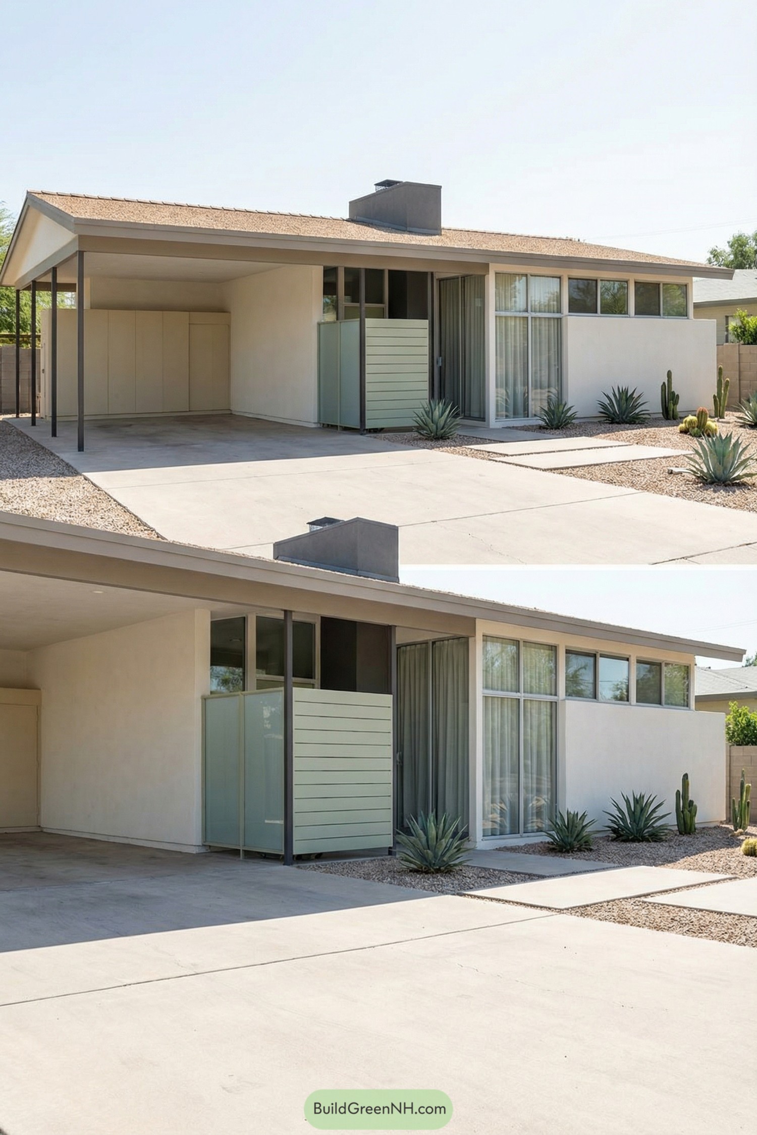 Midcentury home with open carport and xeriscape front yard