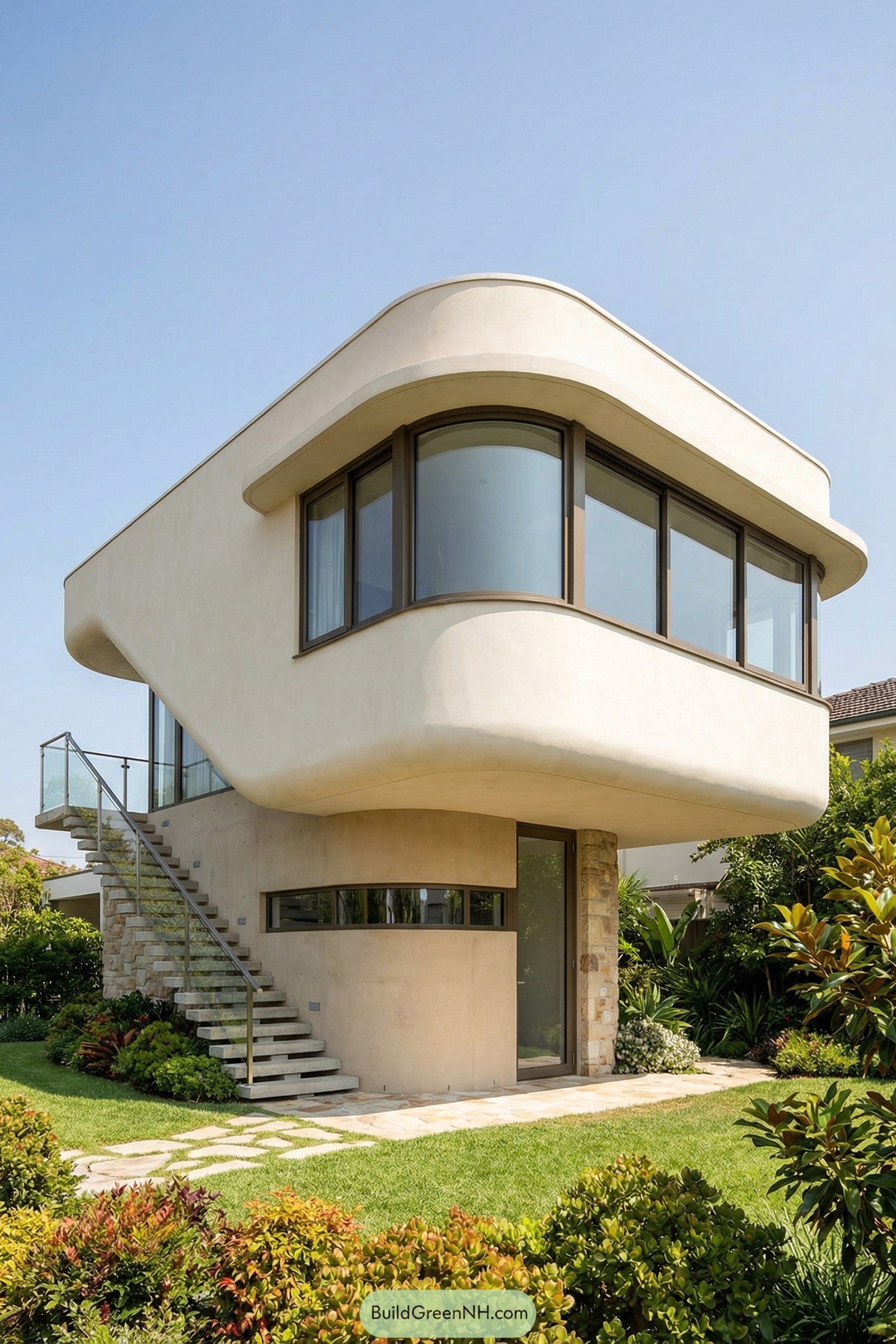 Two story modern house with rounded upper floor and glass stair