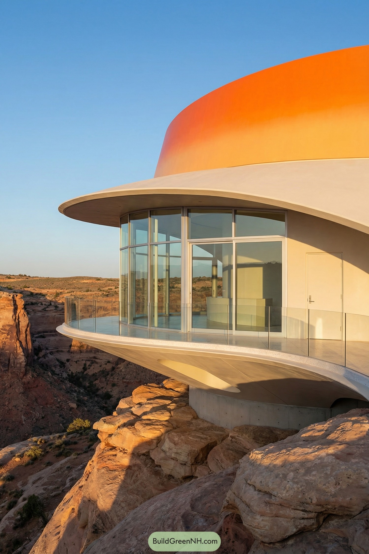 Curved glass cliffside house with orange rooftop cylinder overlooking desert canyon