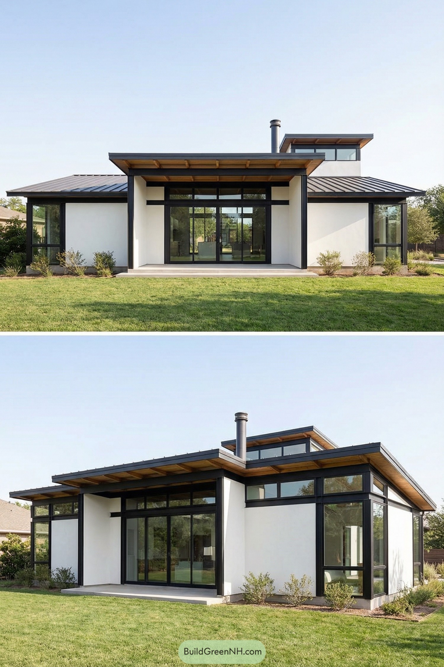 Modern white house with black trim and wide glass doors and windows
