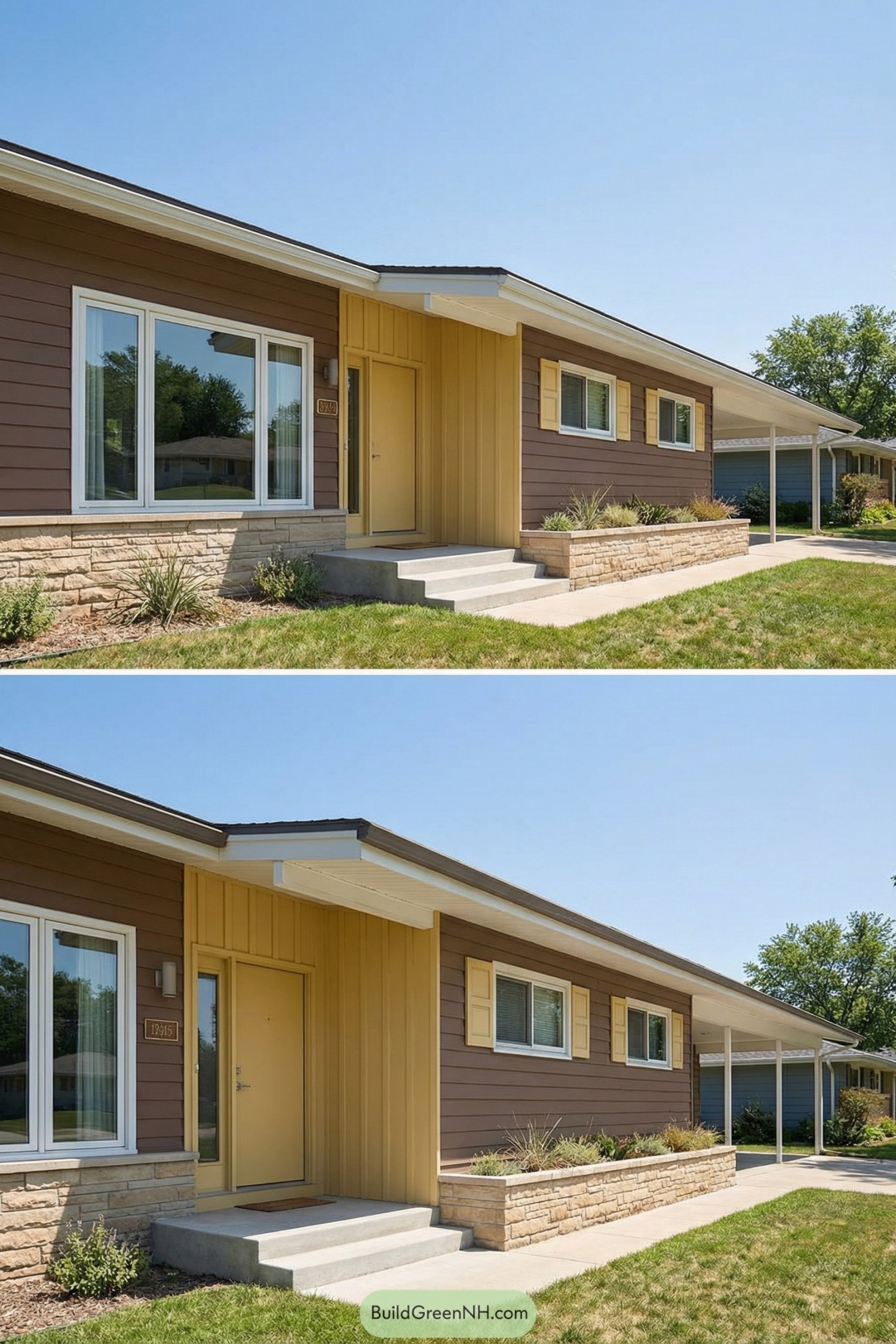 Brown midcentury ranch with yellow entry