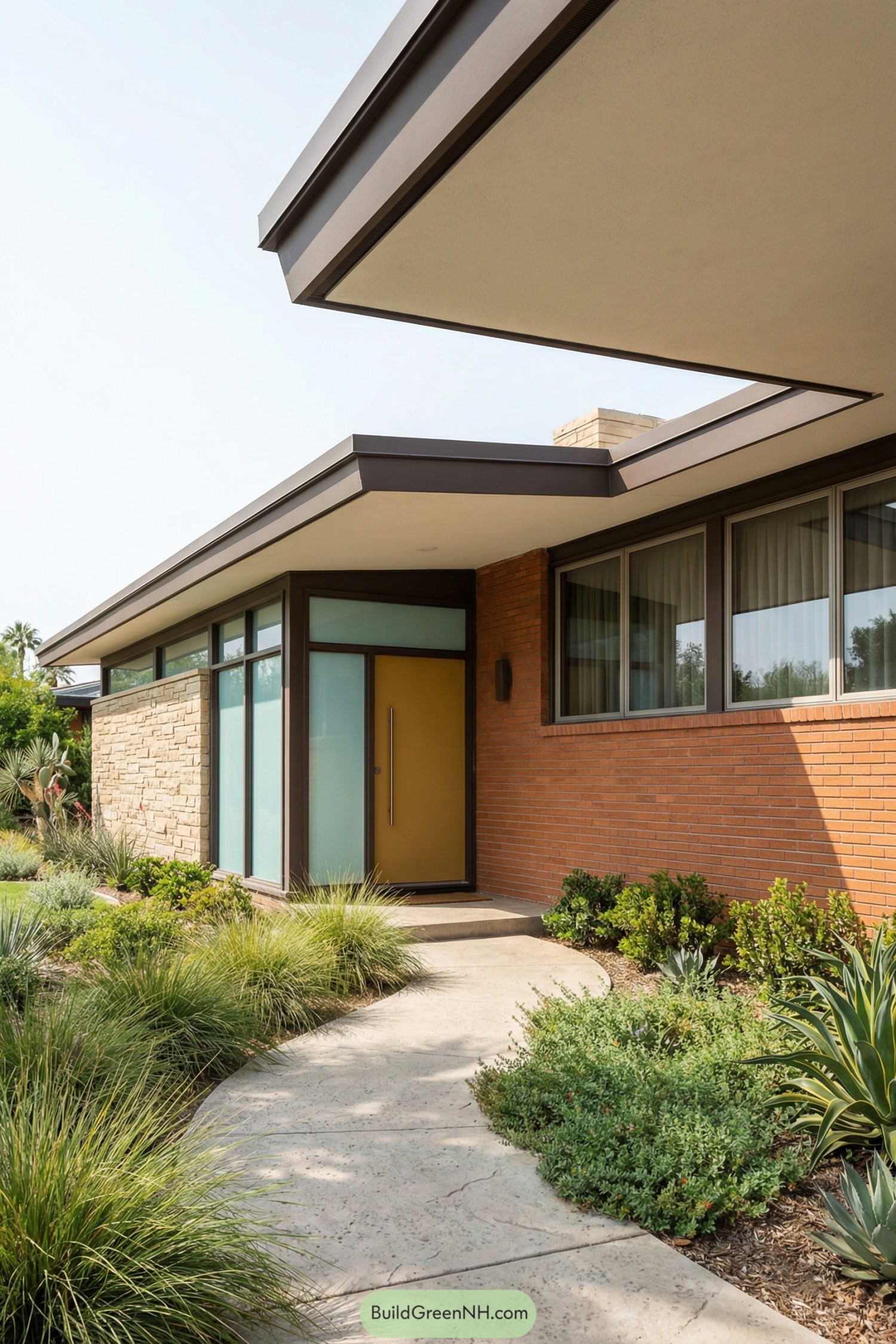Midcentury brick house entry with floating roofline and mustard yellow front door framed by frosted glass and desert landscaping