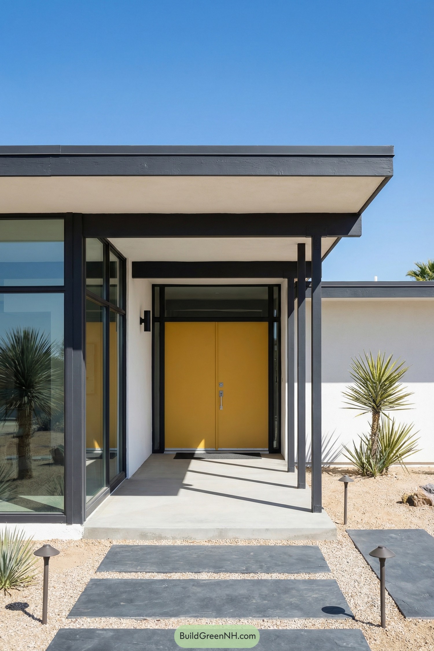 Midcentury-inspired entry with bright yellow door and minimalist desert landscaping
