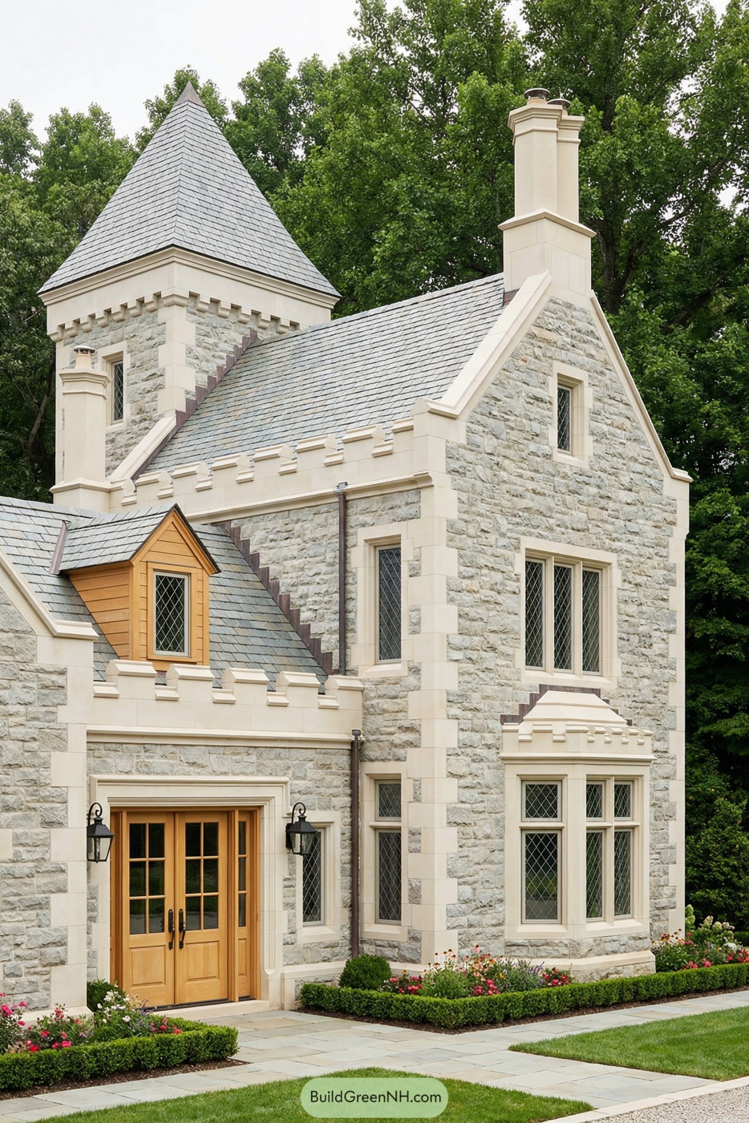 Stone manor house with turret and slate roof