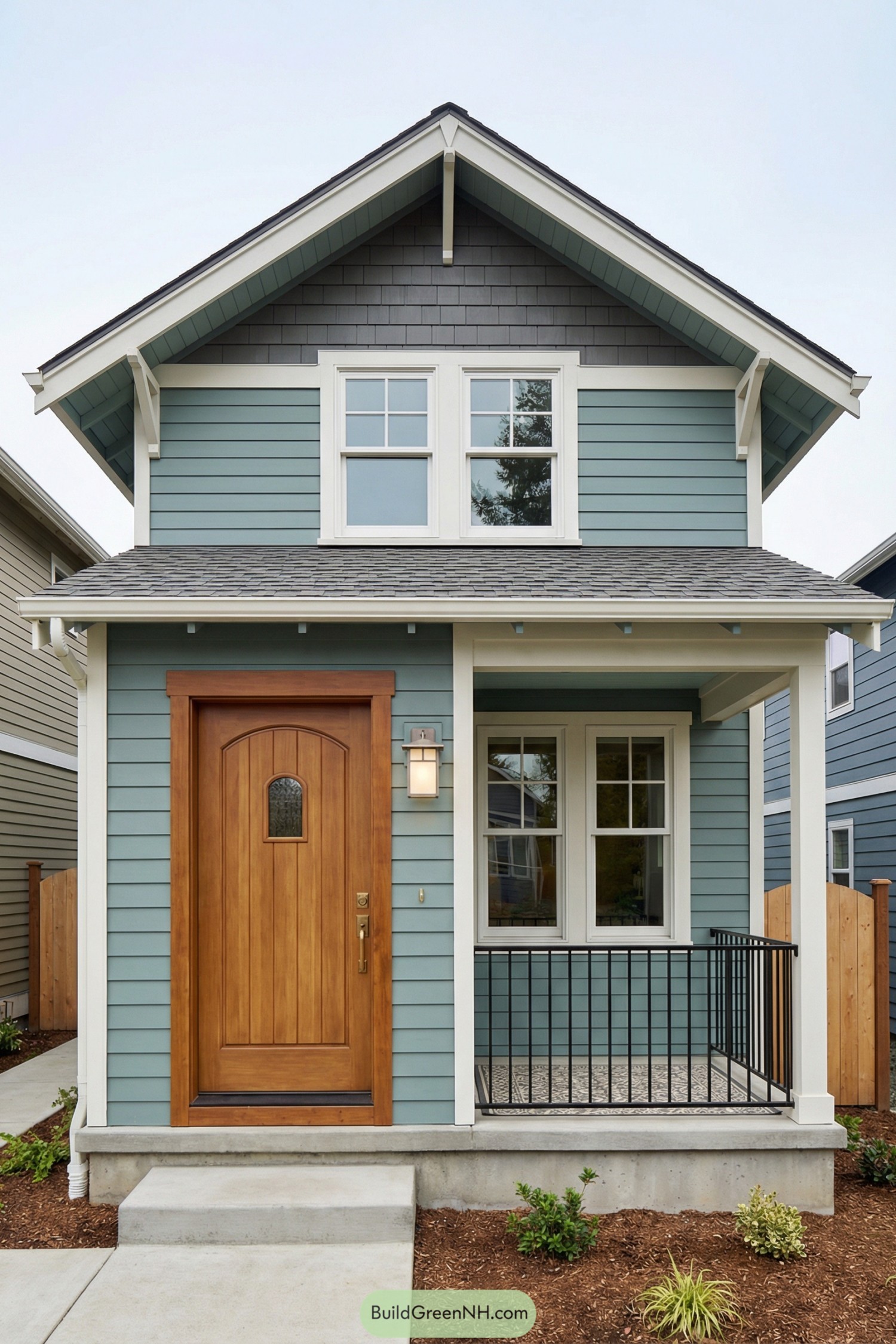 Blue Craftsman-style house with small front porch