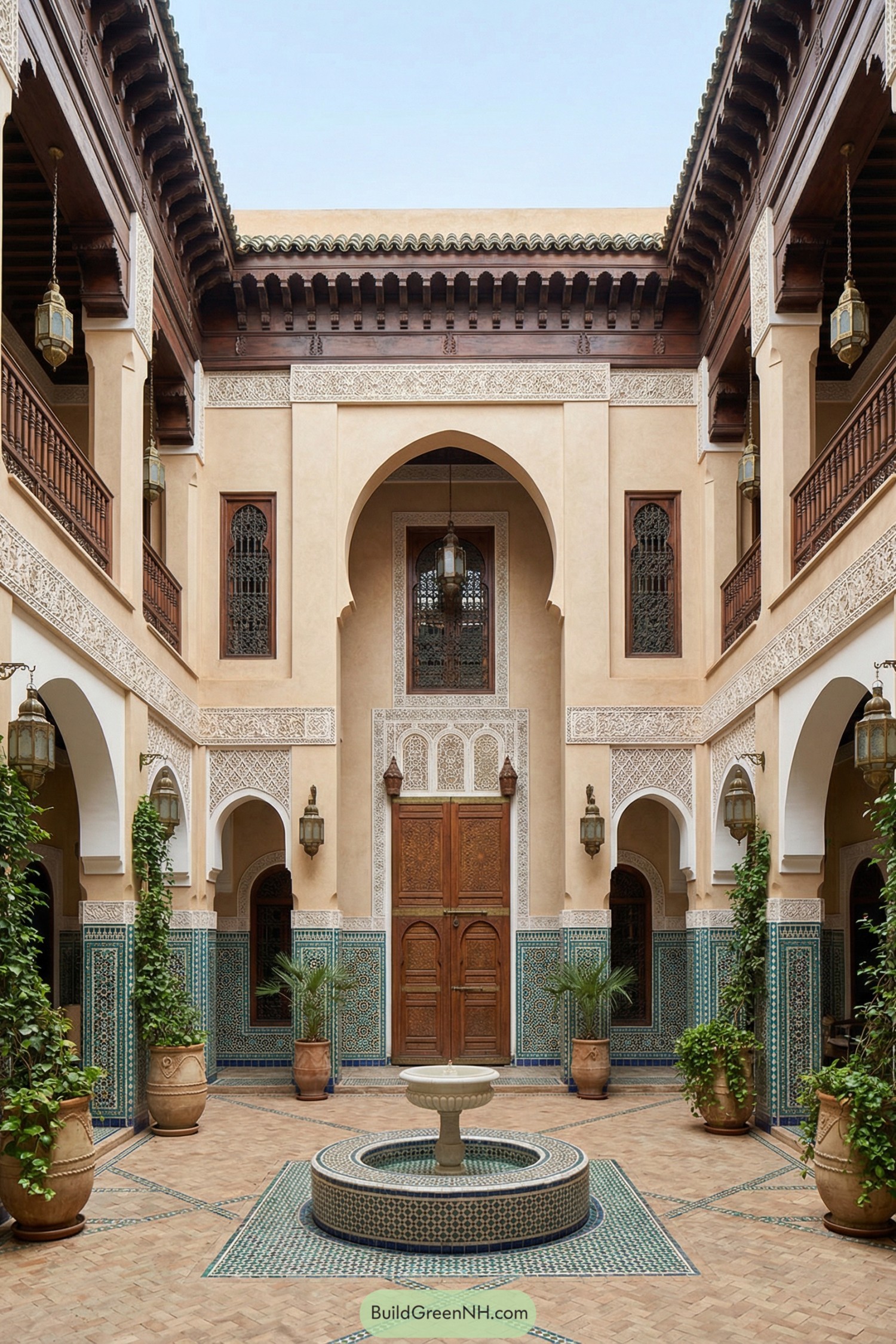 Moorish courtyard with arched facades and fountain