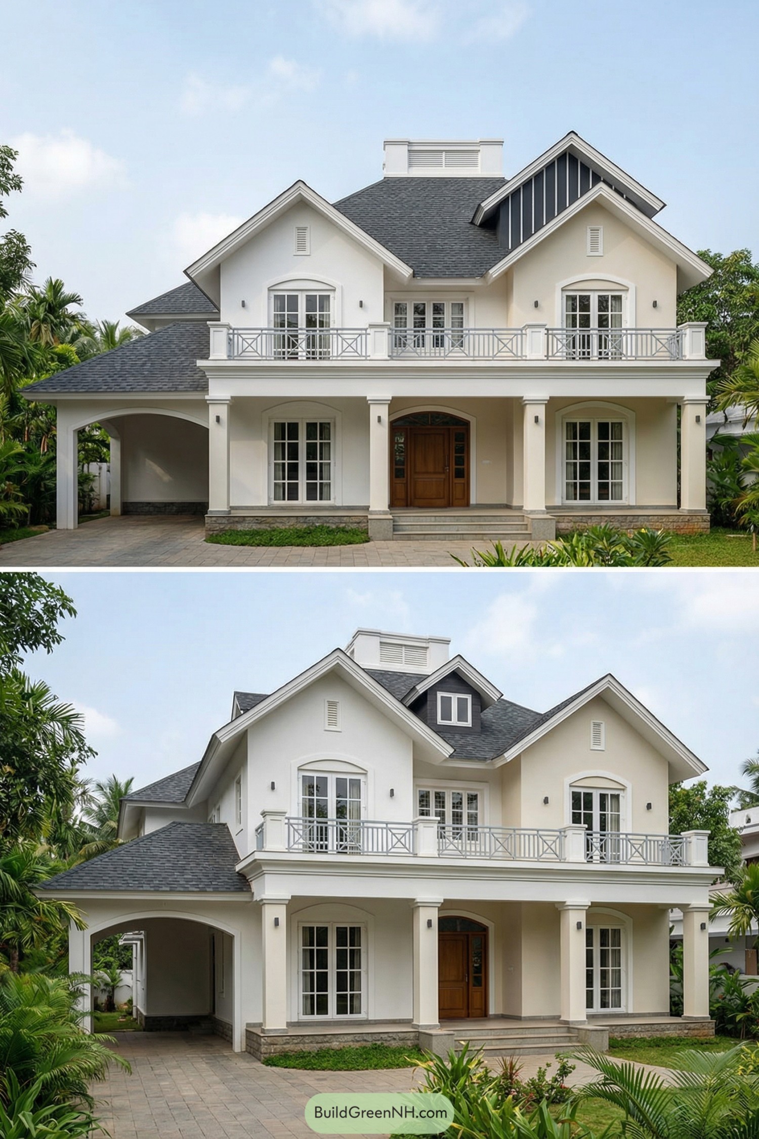 White two story house with gray gabled roof, broad balcony, and arched front porch framed by tropical landscaping