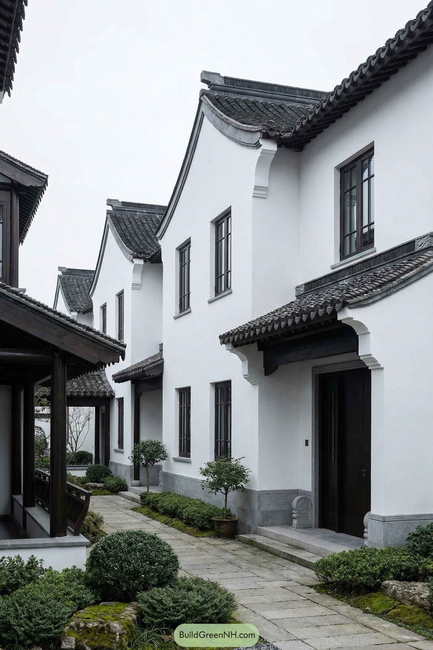 Traditional white-walled Chinese courtyard houses with dark tiled roofs and narrow garden path