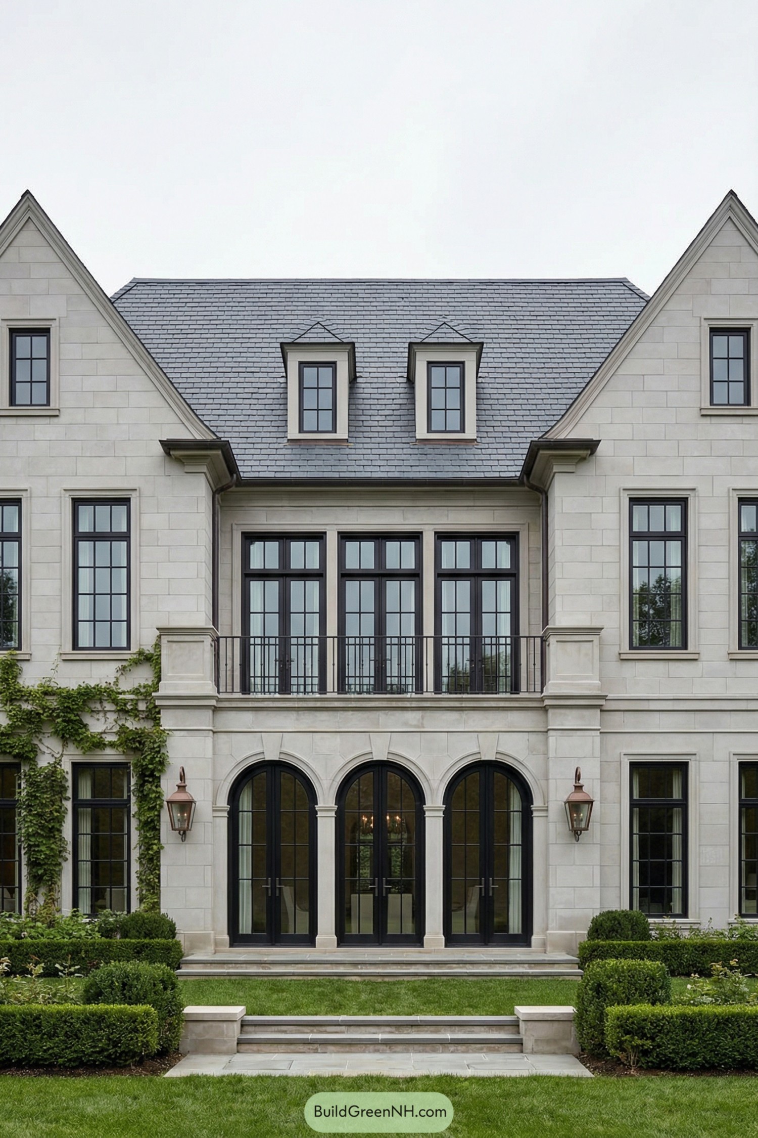 Grand limestone manor facade with arched black-framed doors, tall windows, and manicured formal garden