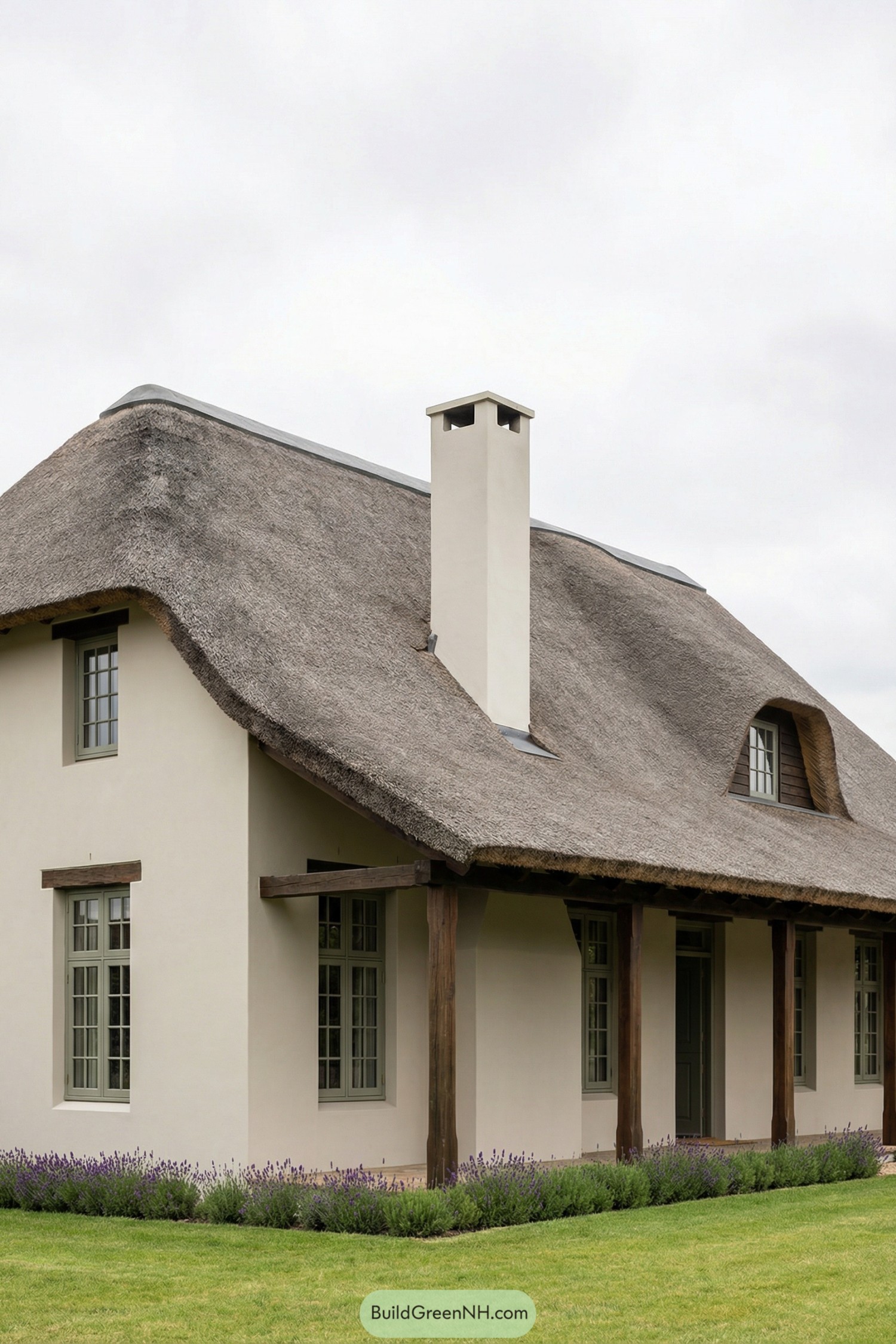 Thatched cottage exterior with pale walls and timber posts