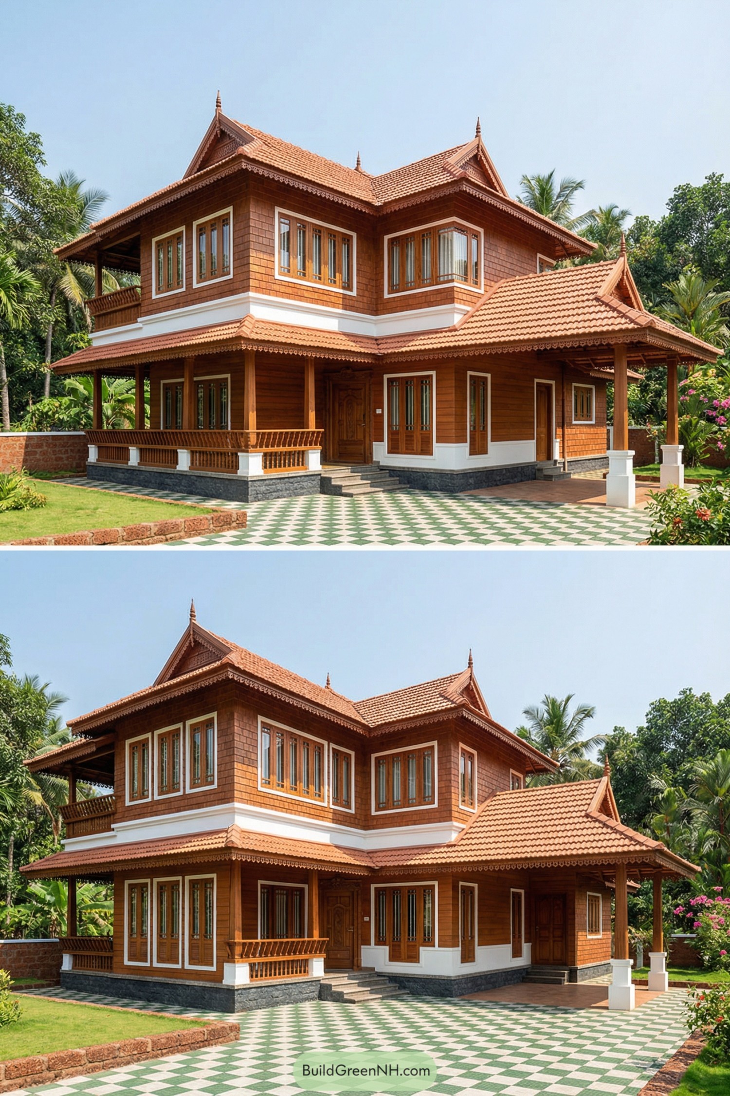 Traditional two-story Kerala house with tiled roof, wraparound veranda, and warm wood exterior set in a lush garden