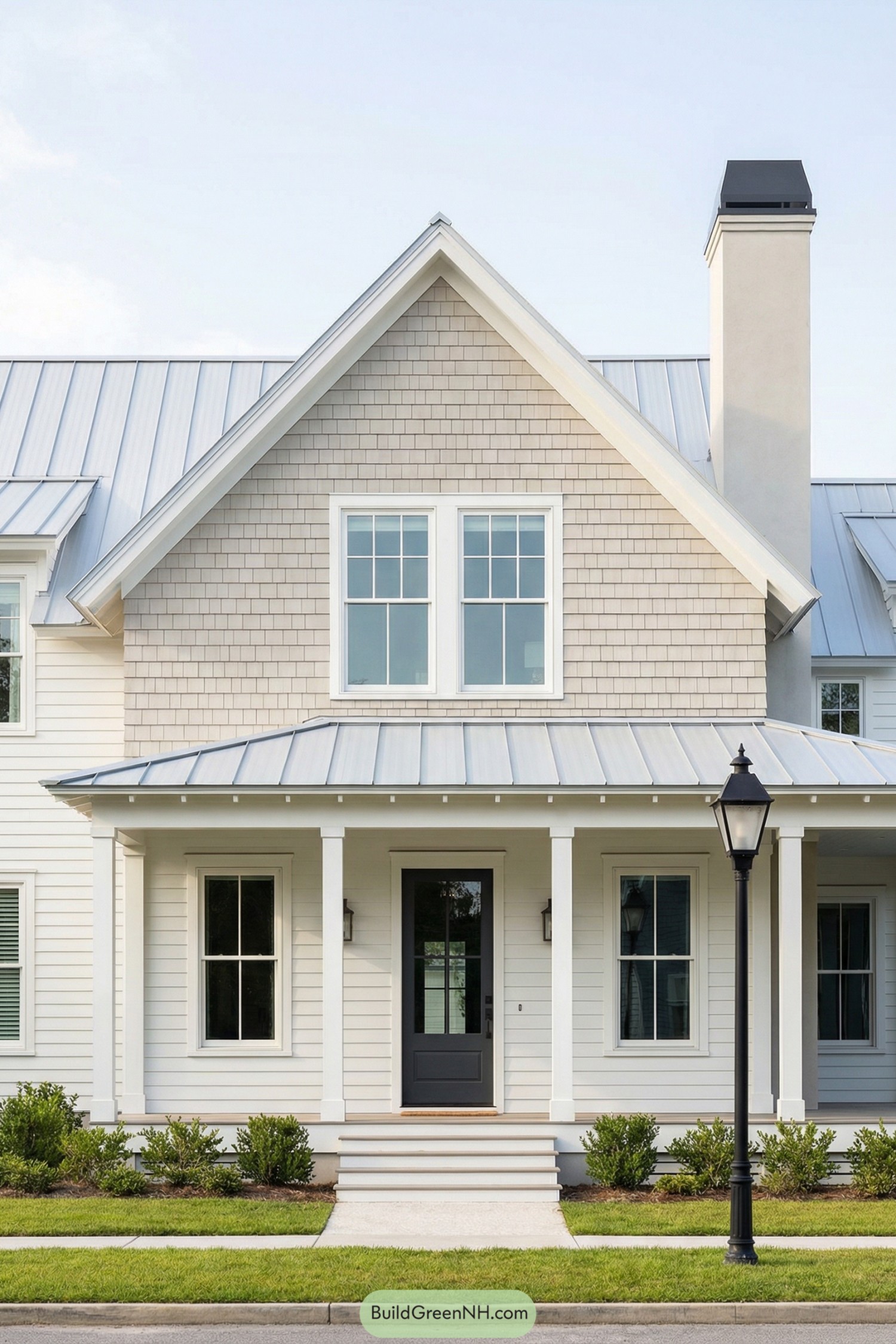 White farmhouse style home with metal roof and front porch