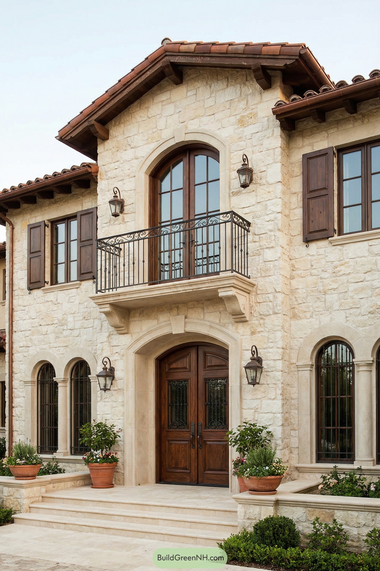 Mediterranean style house with stone walls and wooden accents