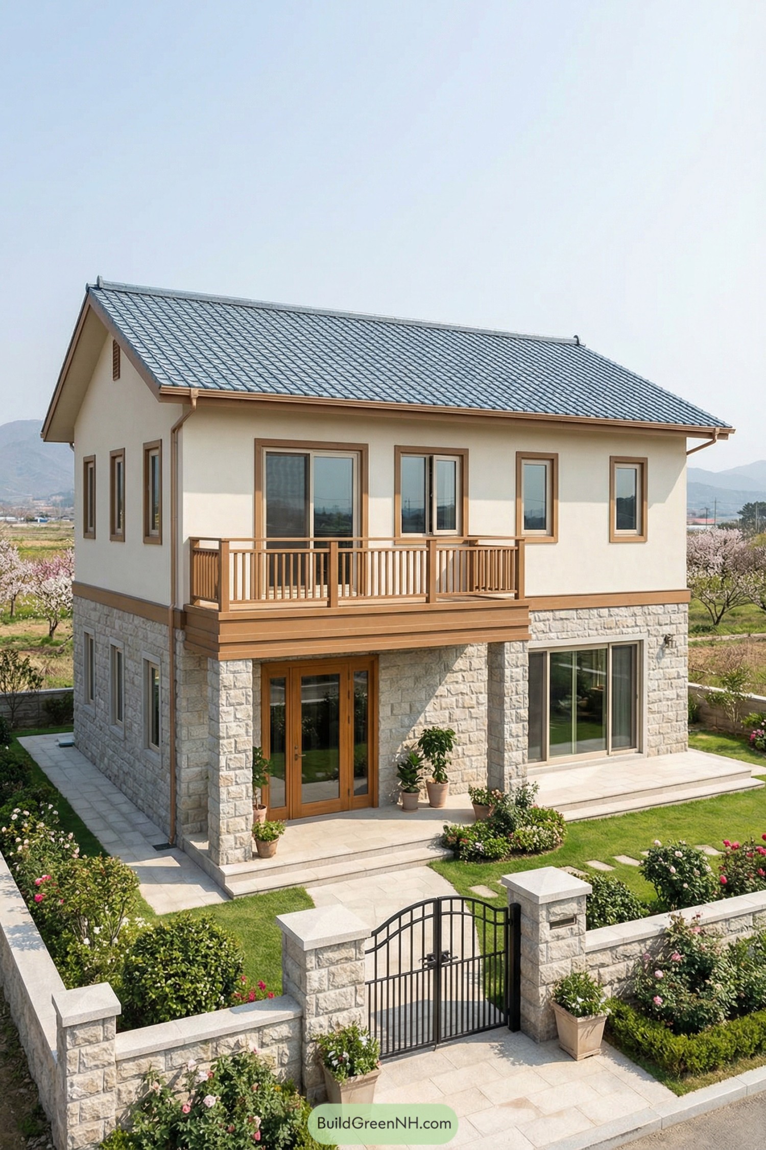 Two-story stone and stucco house with blue tiled gable roof, balcony, and landscaped front garden behind a low stone wall and metal gate