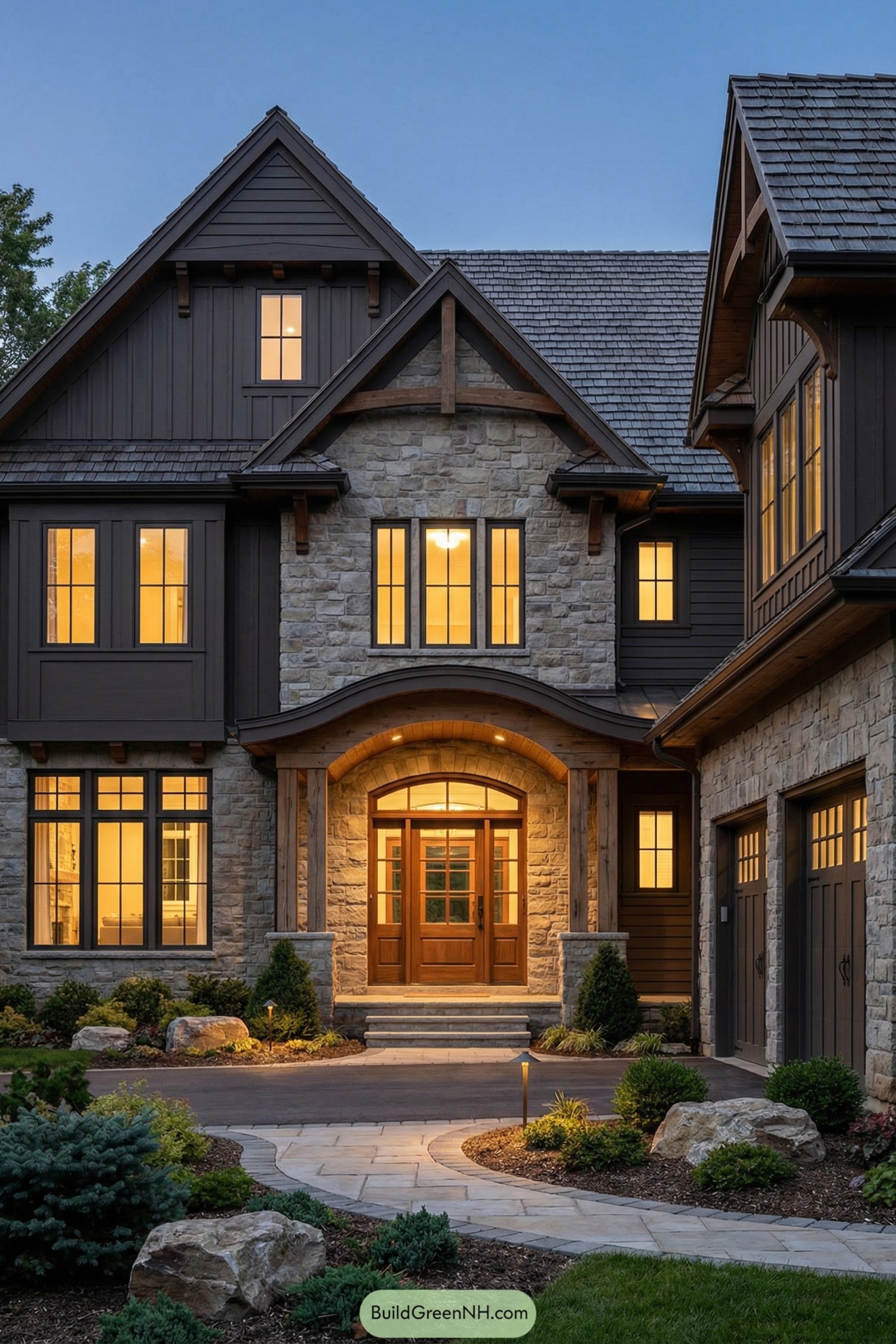Stone and wood gabled house at dusk