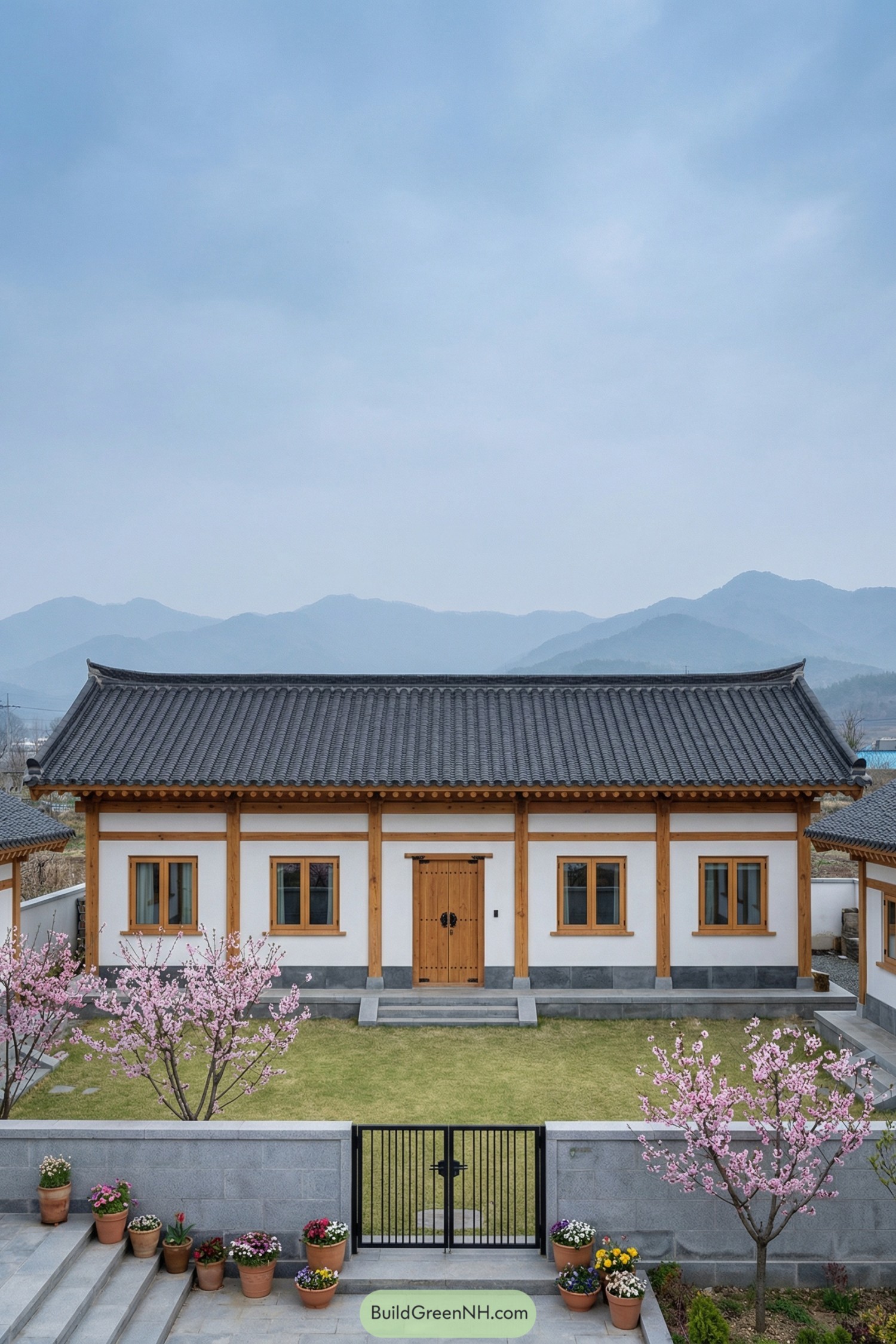 Single story hanok style house with tiled roof and small walled front yard framed by flowering trees
