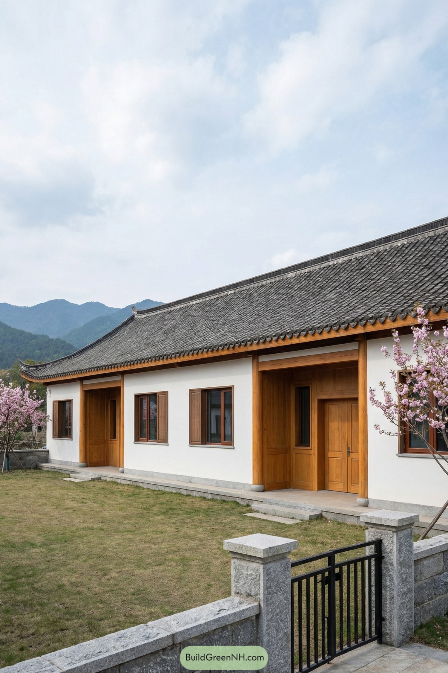 Single story white house with tiled Chinese roof, warm wood trim, and small front garden framed by stone and metal gate