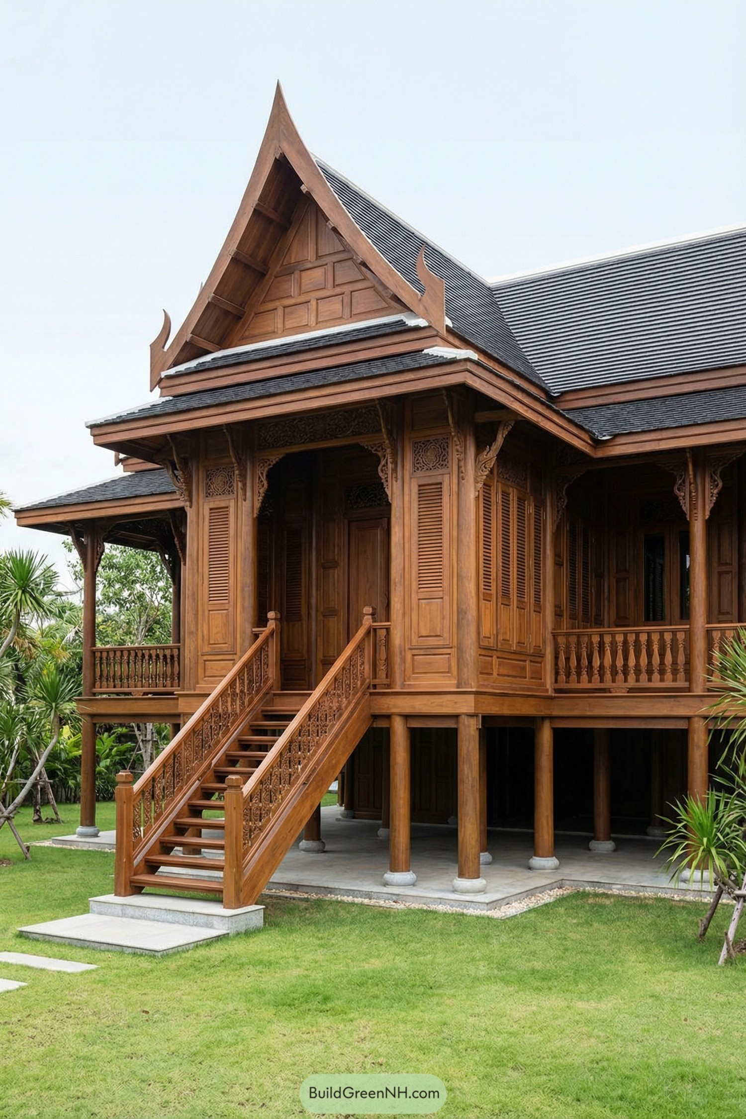 Traditional raised Thai wooden house with ornate carved details and steep gabled roof