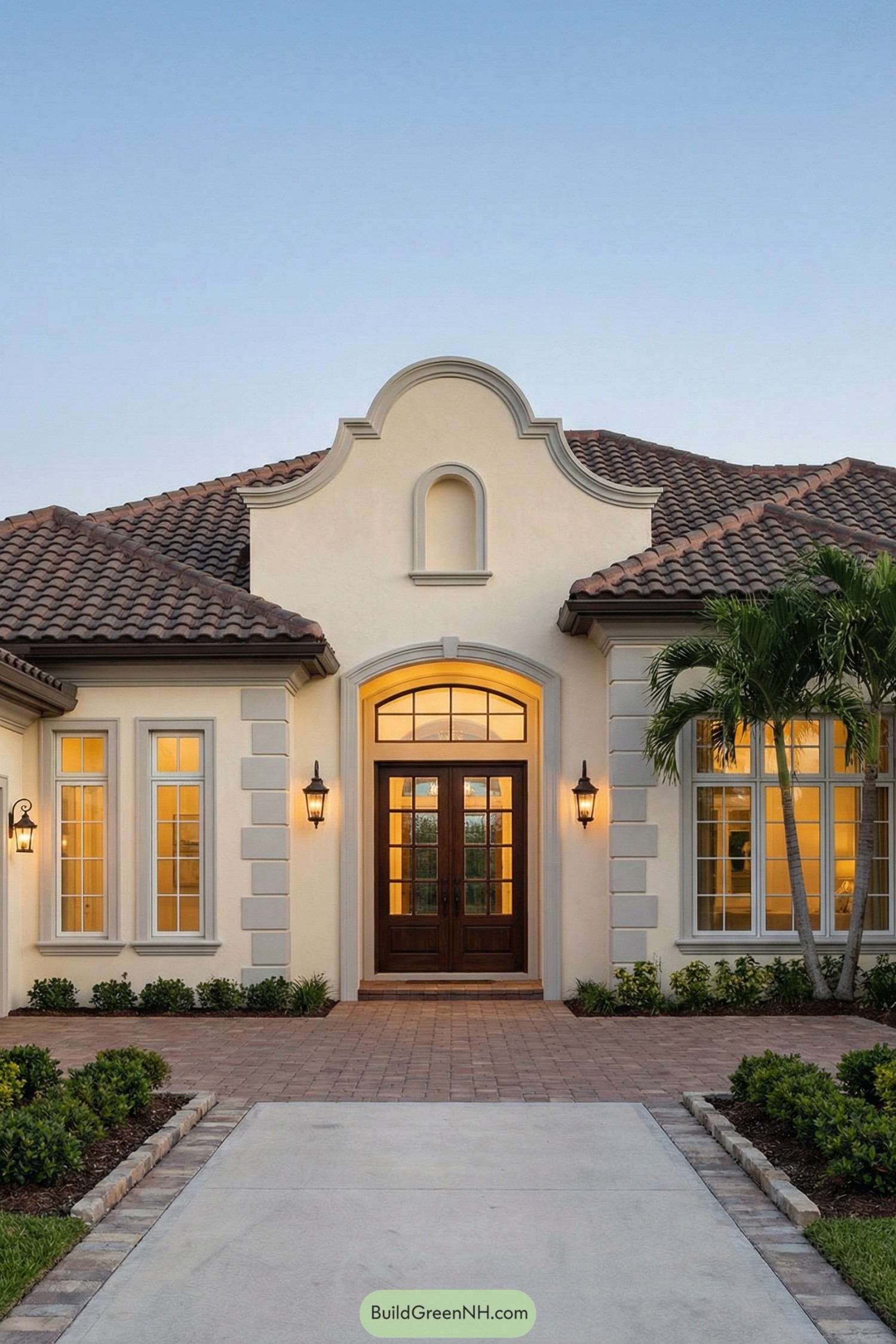 Warm stucco Spanish-style house with arched entry, clay tile roof, and glowing windows at dusk