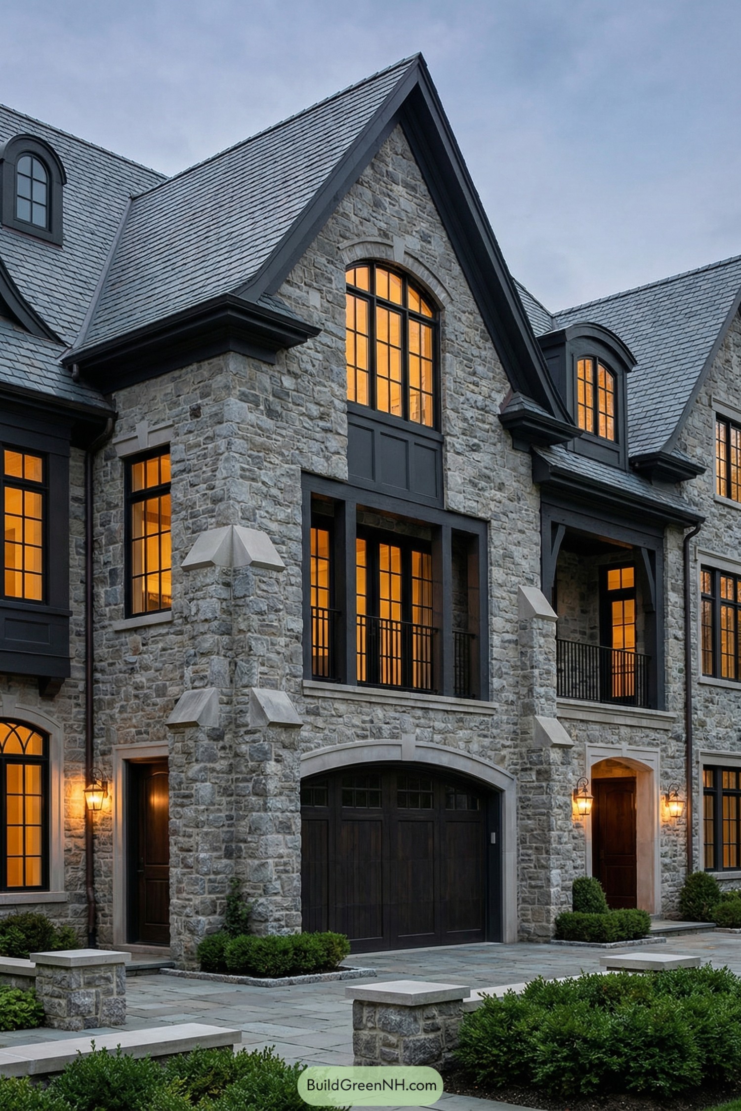 Elegant gray stone manor with steep slate roof and glowing grid windows