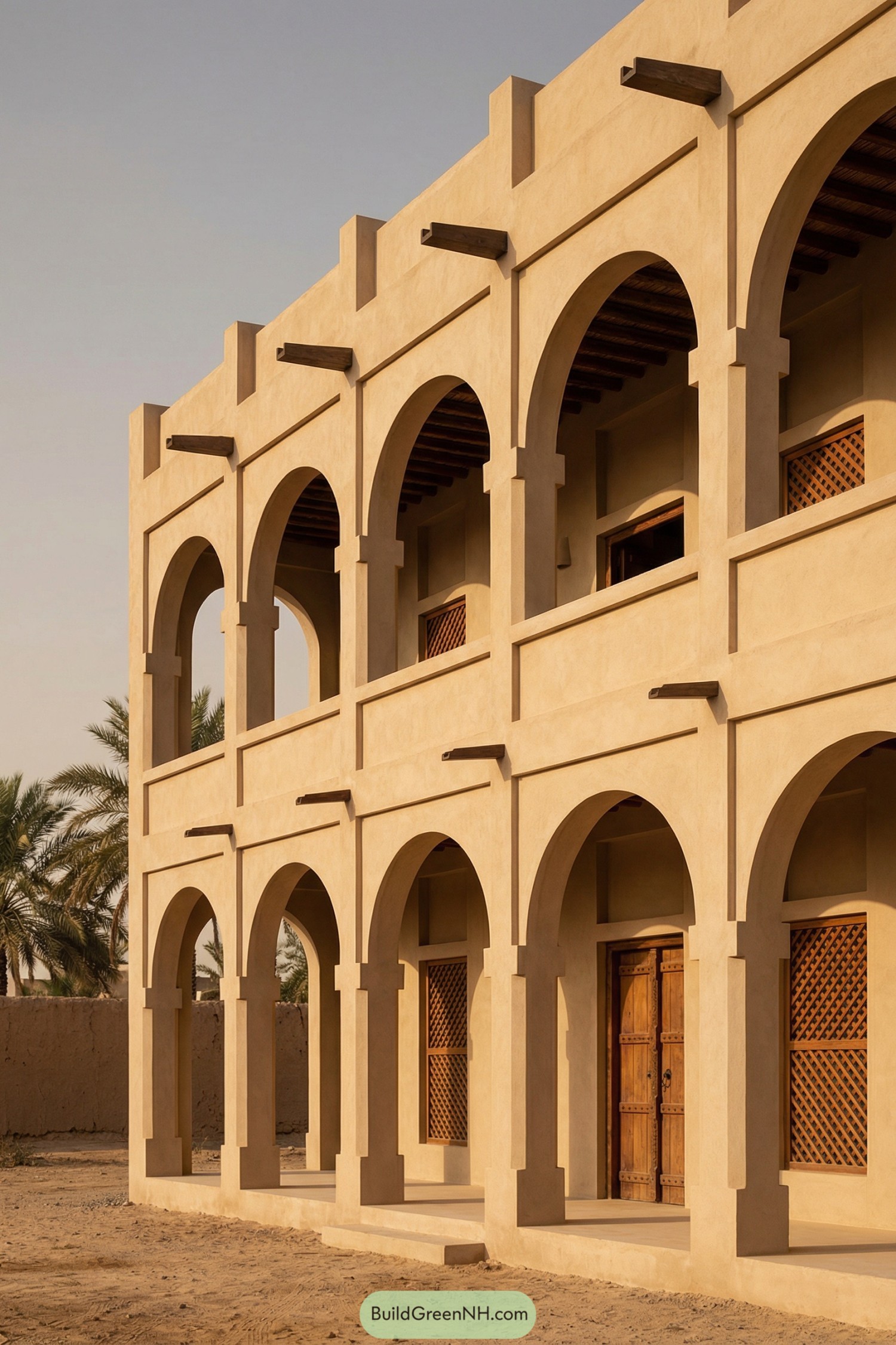 architecture design of Authentic traditional House exterior Design, facade with two-story colonnaded arcade, rhythm of large semicircular arches resting on thick rectangular piers, upper and lower levels framed by clean horizontal bands and parapet walls, style evoking traditional Middle Eastern desert architecture, colors in warm sand-beige plaster with subtle matte finish and medium-brown natural wood accents, constructure design rectangular elongated volume with flat roofline and raised parapet edges, projecting timber beams punctuating the facade, materials including smooth stuccoed masonry walls, solid hardwood lattice screens, dark-stained exposed roof beams, and simple concrete or stone structural elements, roofing flat traditional roof with slight perimeter upstand, lined by vertical parapet panels and dark projecting wooden rafters beneath shaded overhangs, windows narrow rectangular openings recessed under the arches, partially concealed behind diagonal crisscross wooden lattice panels forming geometric patterns, minimal glazing emphasized by deep shadows, door style implied as robust wooden plank door with vertical boards and simple geometric carving, finished in the same dark brown tone as the lattice and beams, single photo, high-resolution, architectural photography.