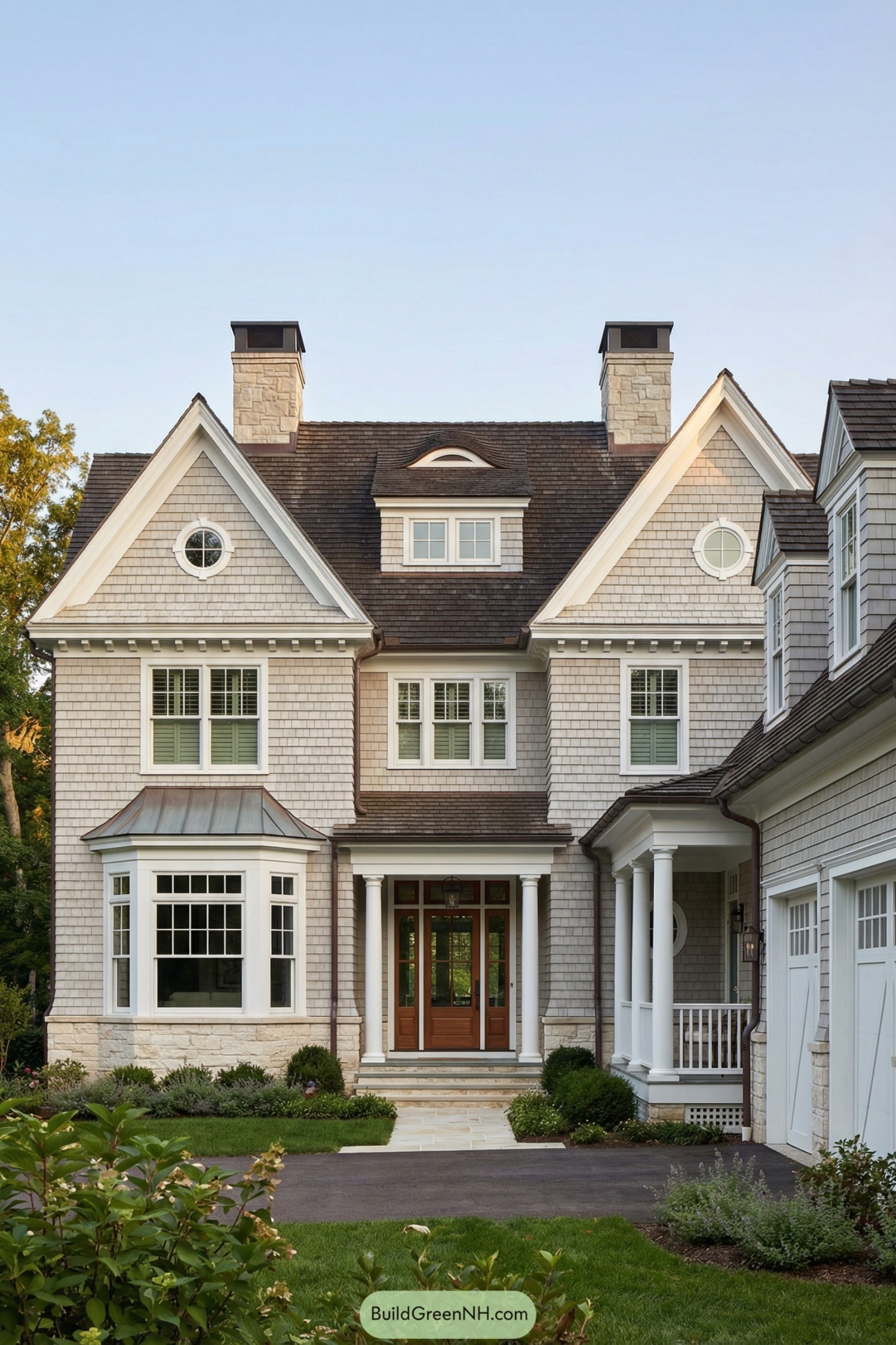 Classic shingle-style house with gabled roof, twin chimneys, and a warm wood front door framed by white trim and columns