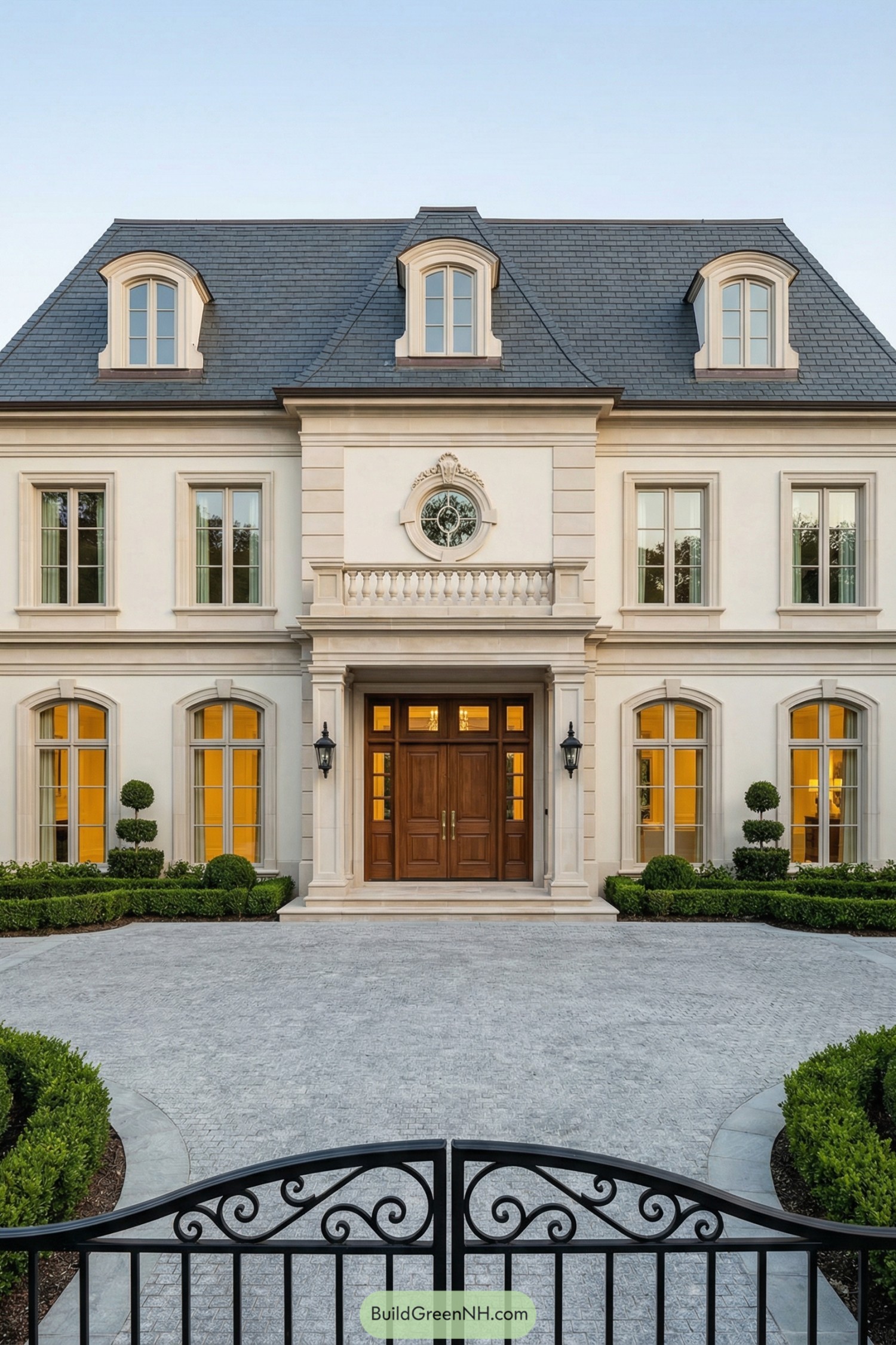 Elegant cream stucco manor with mansard roof, tall arched windows, and formal entry framed by manicured hedges