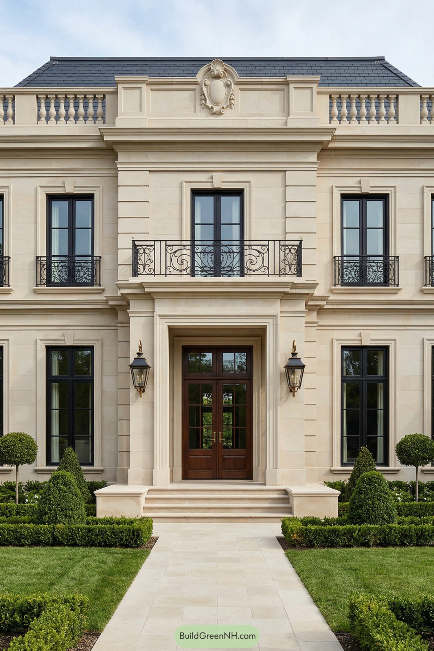 Elegant limestone mansion facade with tall windows, ornate iron balconies, and manicured front garden