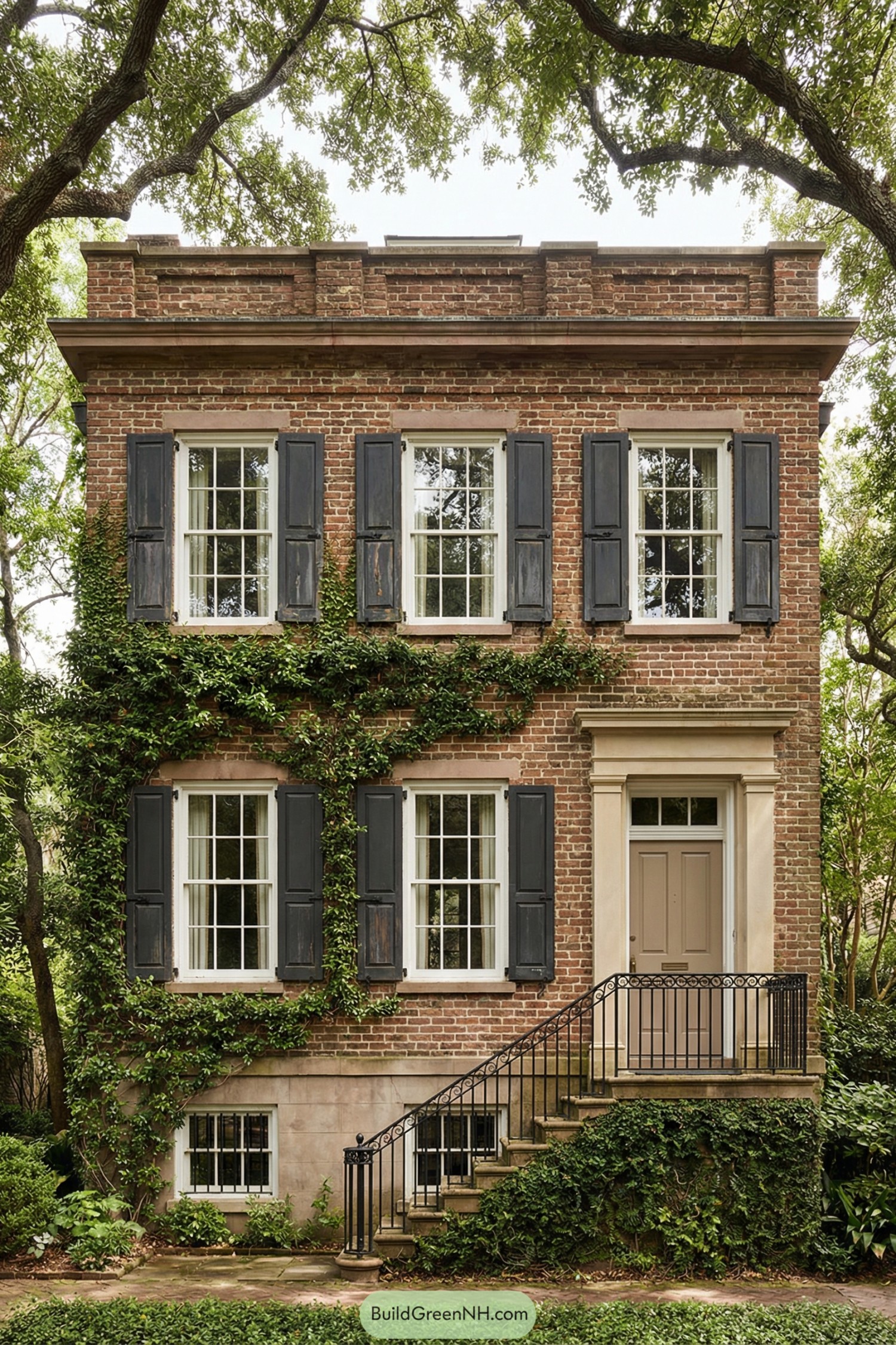 Three-story brick townhouse front with ivy, tall windows, and black shutters framed by lush trees